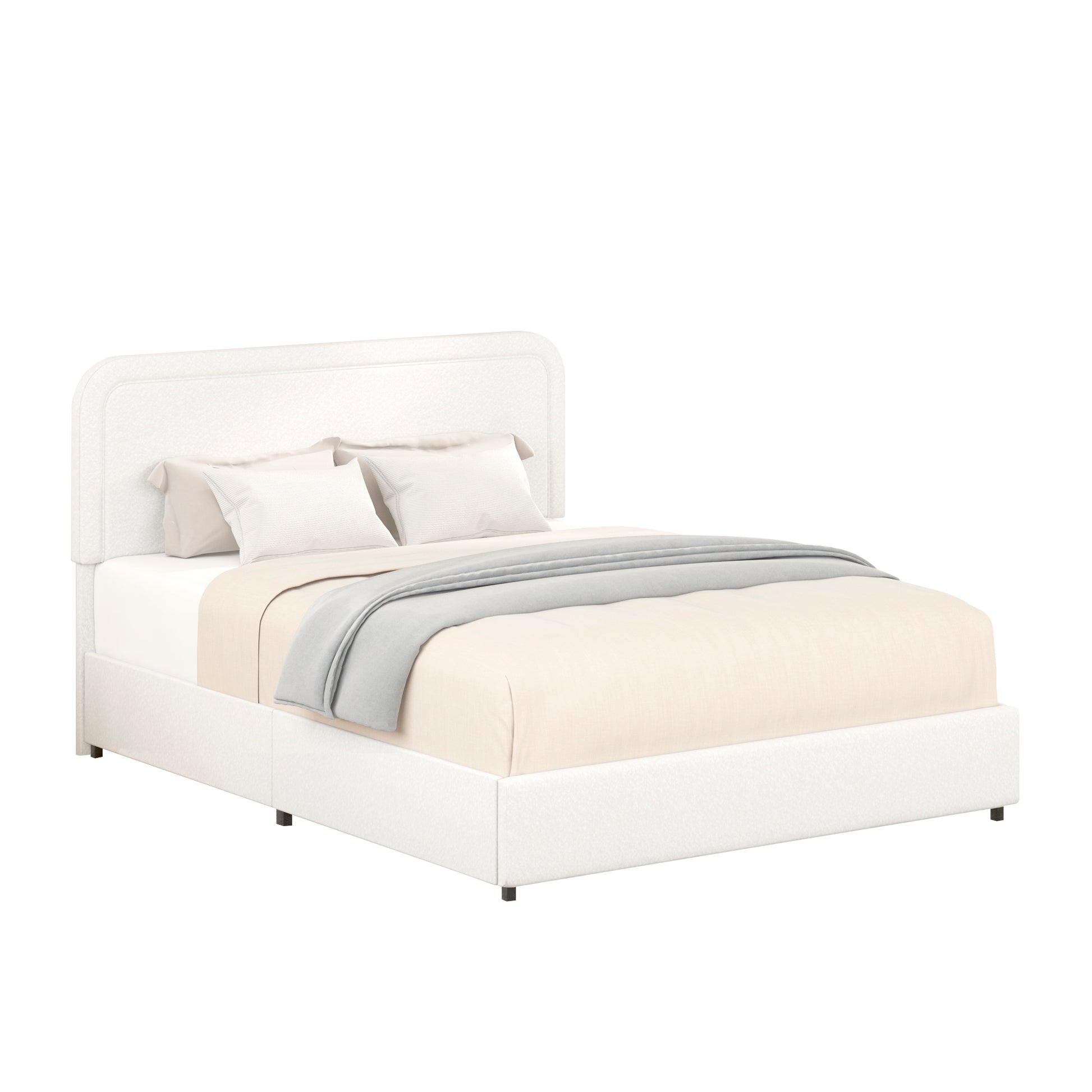 Liv Patented 2 Drawers Storage Bed Queen Size Ivory Boucle Upholstered Platform Bed, Curved Stitched Tufted Headboard, Wooden Slat Mattress Support, No Box Spring Needed Box Spring Not Required Queen Ivory Metal Bedroom
