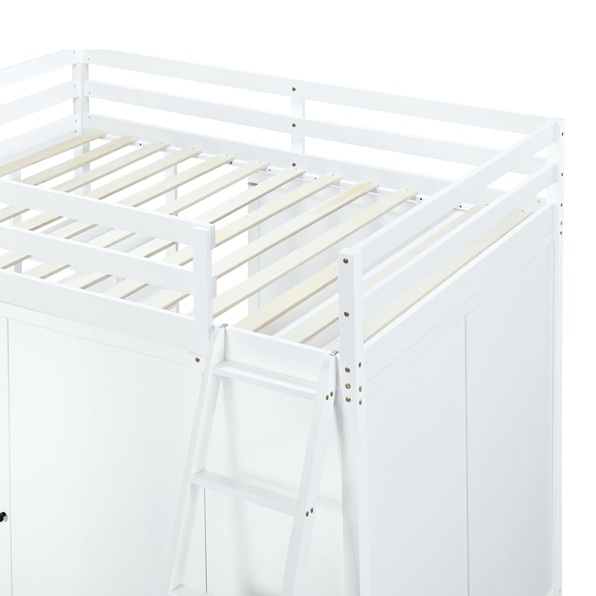 Full Size Loft Bed With Wardrobe And Desk And Shelves, White Full White Rubber Wood