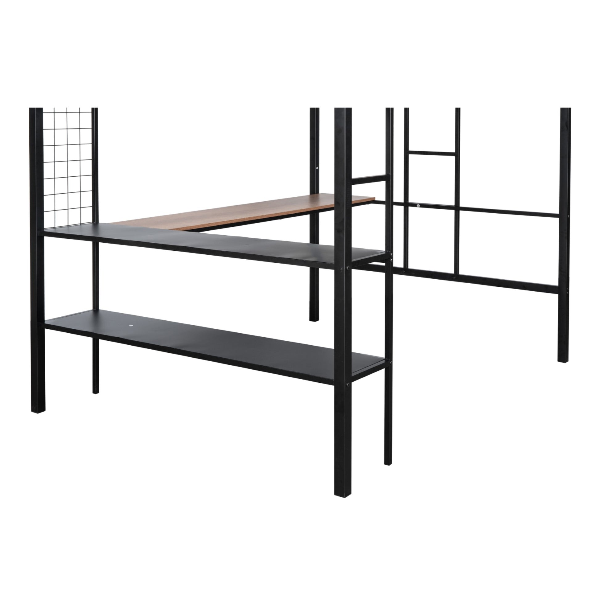 Metal Full Size Loft Bed With Desk & Shelves Sturdy Metal Bed Frame Noise Free Wood Slats Comfortable Textilene Guardrail Built In Desk, 2 Tier Shelves & Grid Panel 2 Side Ladders Black Steel