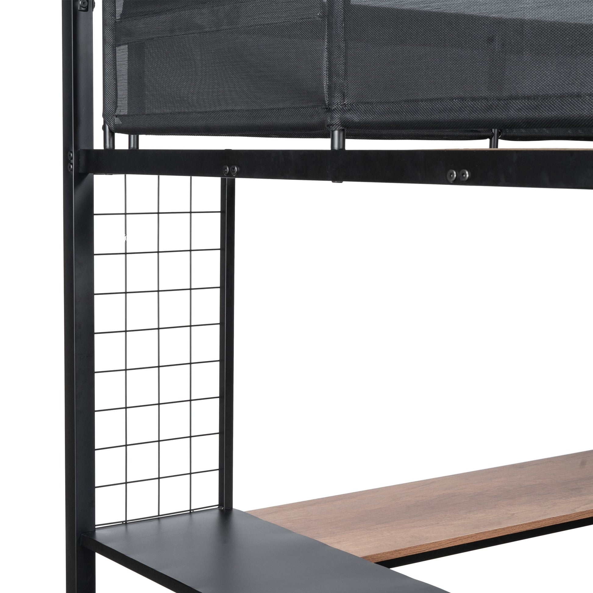 Metal Full Size Loft Bed With Desk & Shelves Sturdy Metal Bed Frame Noise Free Wood Slats Comfortable Textilene Guardrail Built In Desk, 2 Tier Shelves & Grid Panel 2 Side Ladders Black Steel