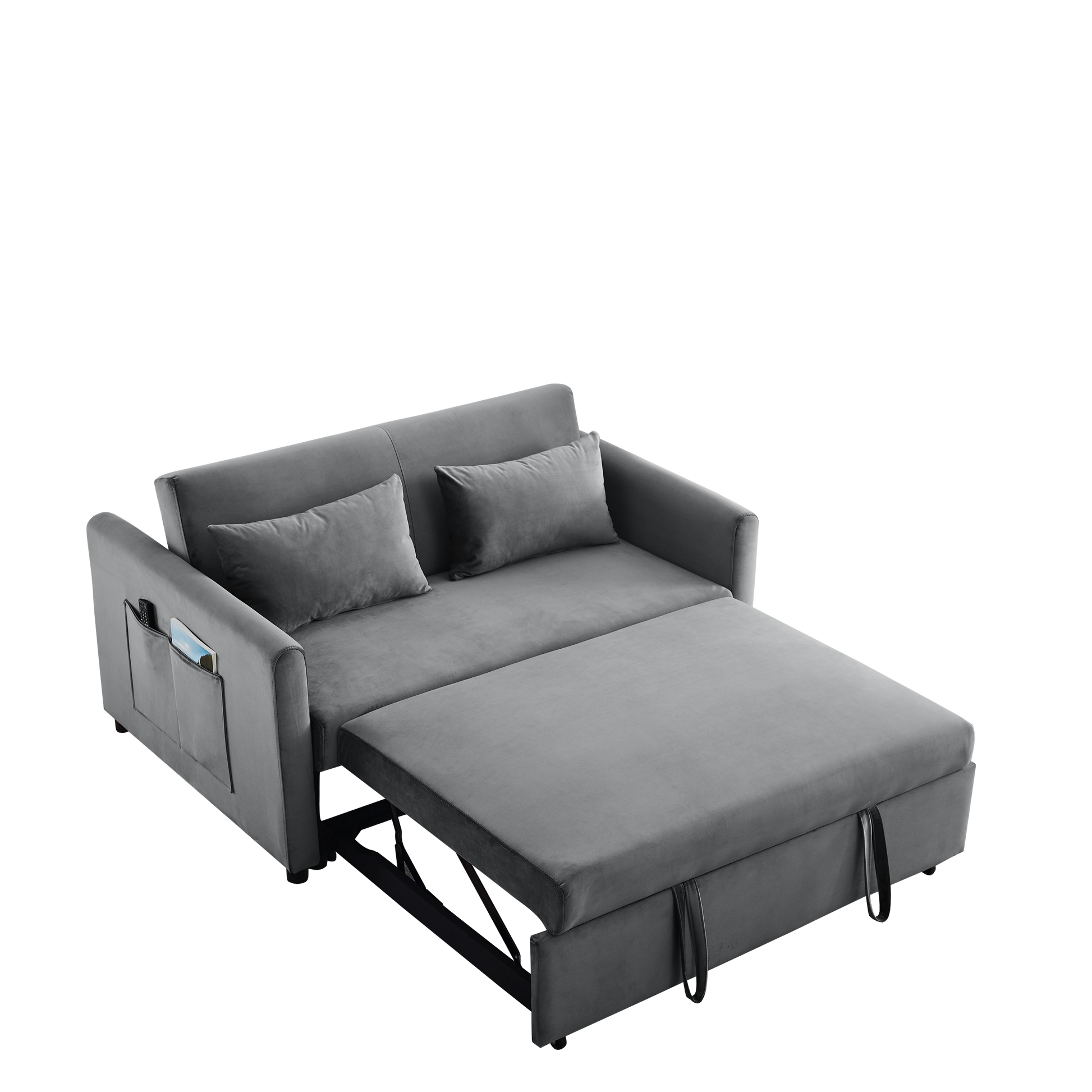 Convertible Sofa Bed, 3 In 1 Versatile Velvet Double Sofa With Pullout Bed, Seat With Adjustable Backrest, Lumbar Pillows, And Living Room Side Pockets, 54 Inch, Grey Light Brown Wood Primary Living Space Delicate Duty Eucalyptus 2 Seat Grey Velvet Soft