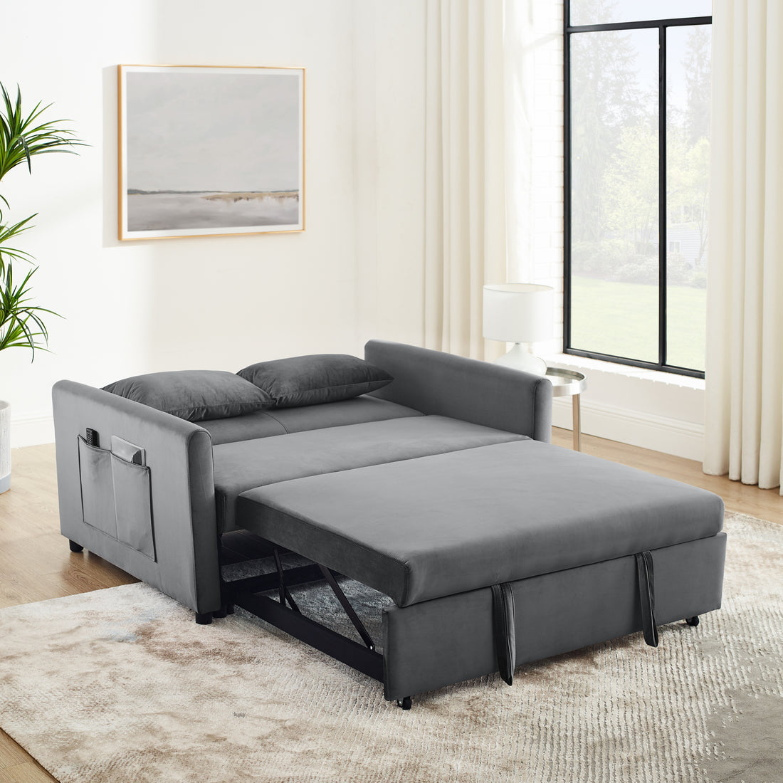 Convertible Sofa Bed, 3 In 1 Versatile Velvet Double Sofa With Pullout Bed, Seat With Adjustable Backrest, Lumbar Pillows, And Living Room Side Pockets, 54 Inch, Grey Light Brown Wood Primary Living Space Delicate Duty Eucalyptus 2 Seat Grey Velvet Soft