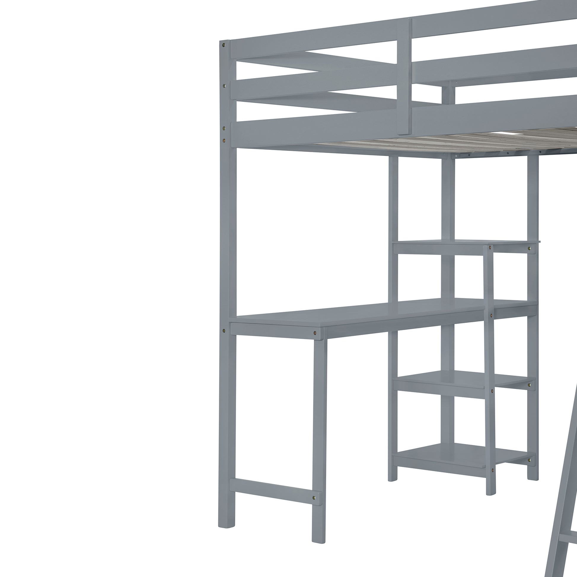 Full Size Loft Bed With Wardrobe And Desk And Shelves, Gray Full Gray Rubber Wood