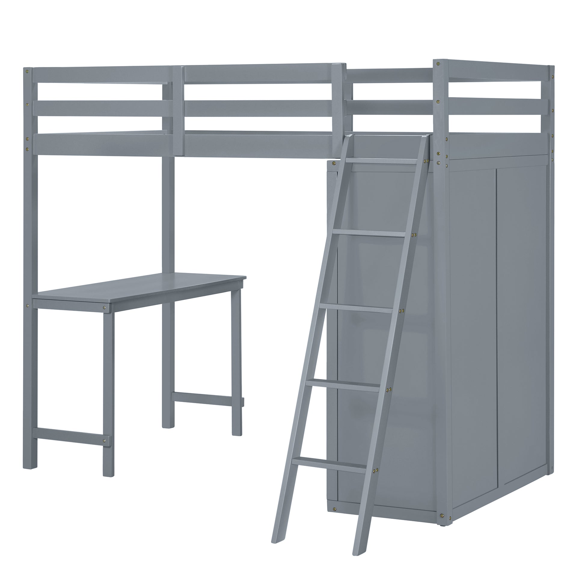 Twin Size Loft Bed With Wardrobe And Desk, Gray Twin Gray Rubber Wood