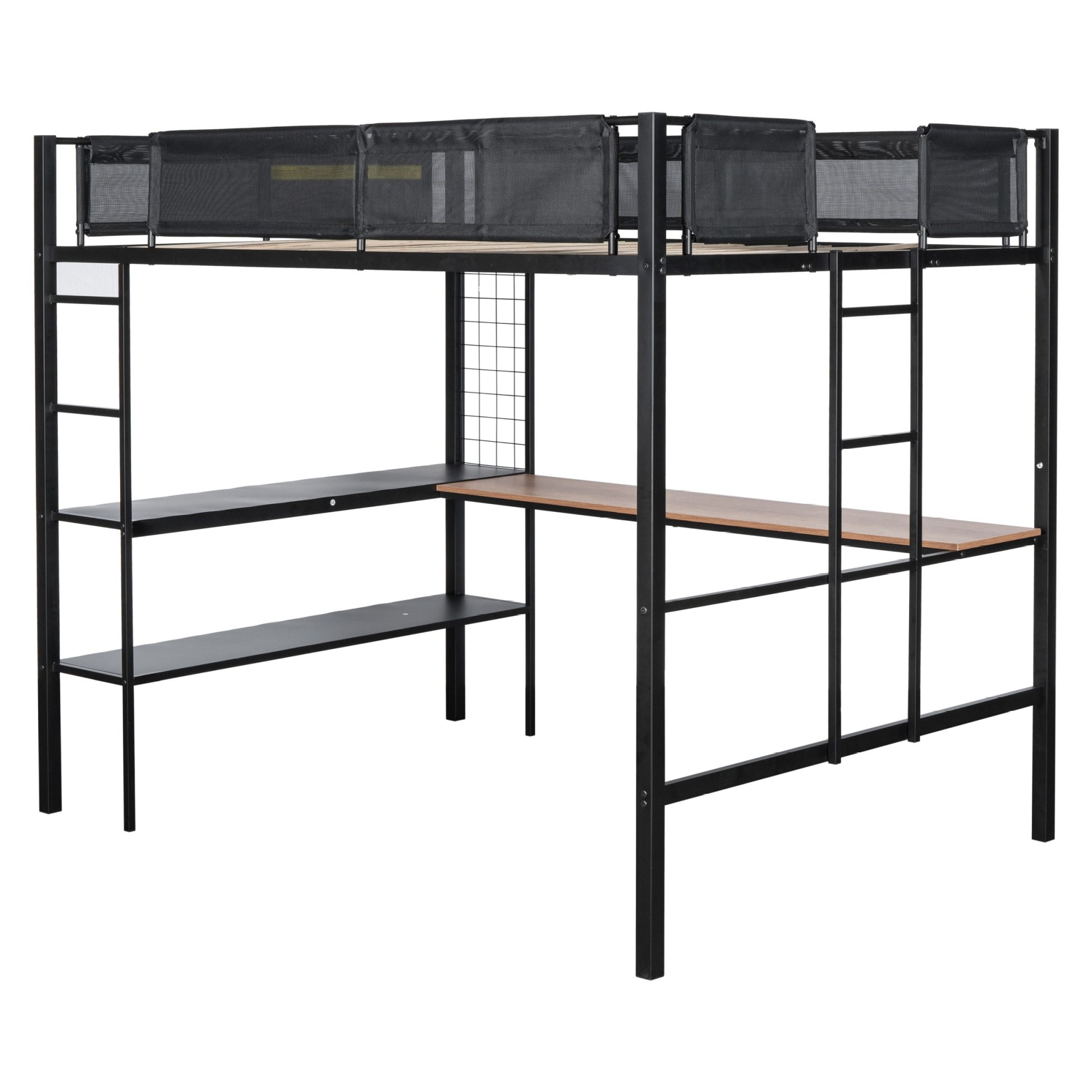 Metal Full Size Loft Bed With Desk & Shelves Sturdy Metal Bed Frame Noise Free Wood Slats Comfortable Textilene Guardrail Built In Desk, 2 Tier Shelves & Grid Panel 2 Side Ladders Black Steel