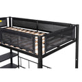 Metal Twin Over Full Bunk With Shelves & Grid Panel Sturdy Metal Bed Frame Noise Free Wood Slats Comfortable Textilene Guardrail Built In 2 Tier Shelves & Grid Panel Separated Full Size Bed Box Spring Not Required Black Metal Bedroom Bunk Steel