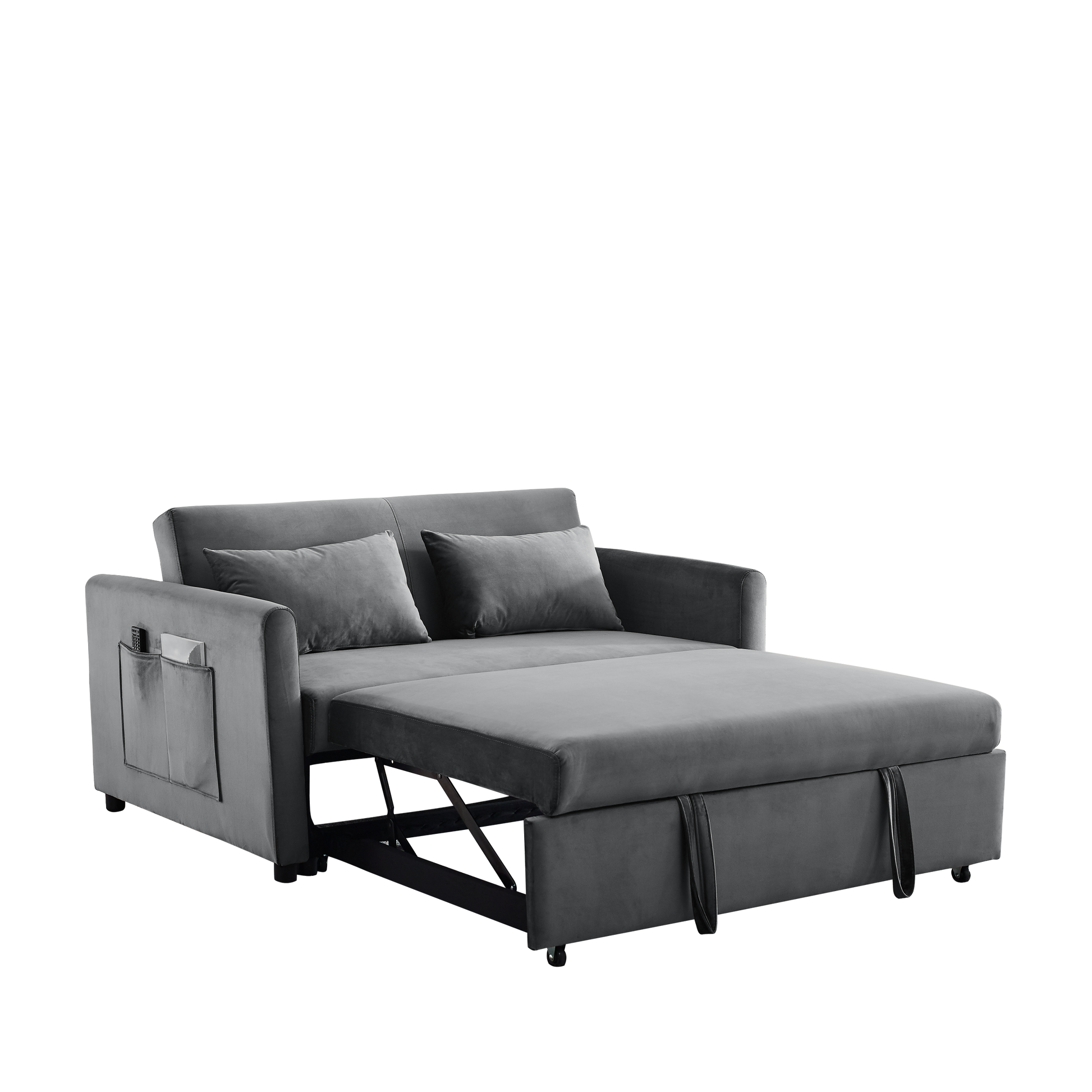 Convertible Sofa Bed, 3 In 1 Versatile Velvet Double Sofa With Pullout Bed, Seat With Adjustable Backrest, Lumbar Pillows, And Living Room Side Pockets, 54 Inch, Grey Light Brown Wood Primary Living Space Delicate Duty Eucalyptus 2 Seat Grey Velvet Soft