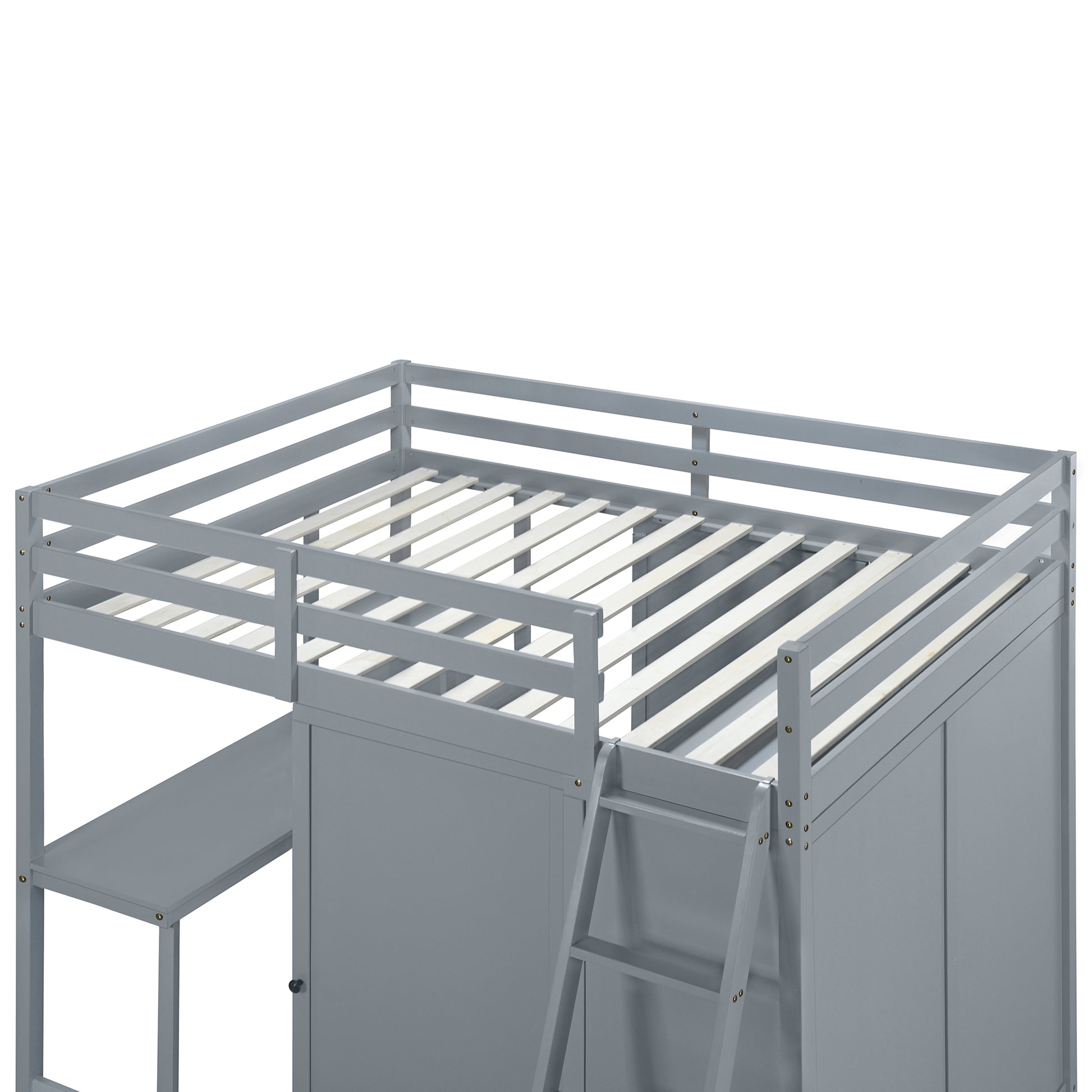 Full Size Loft Bed With Wardrobe And Desk And Shelves, Gray Full Gray Rubber Wood