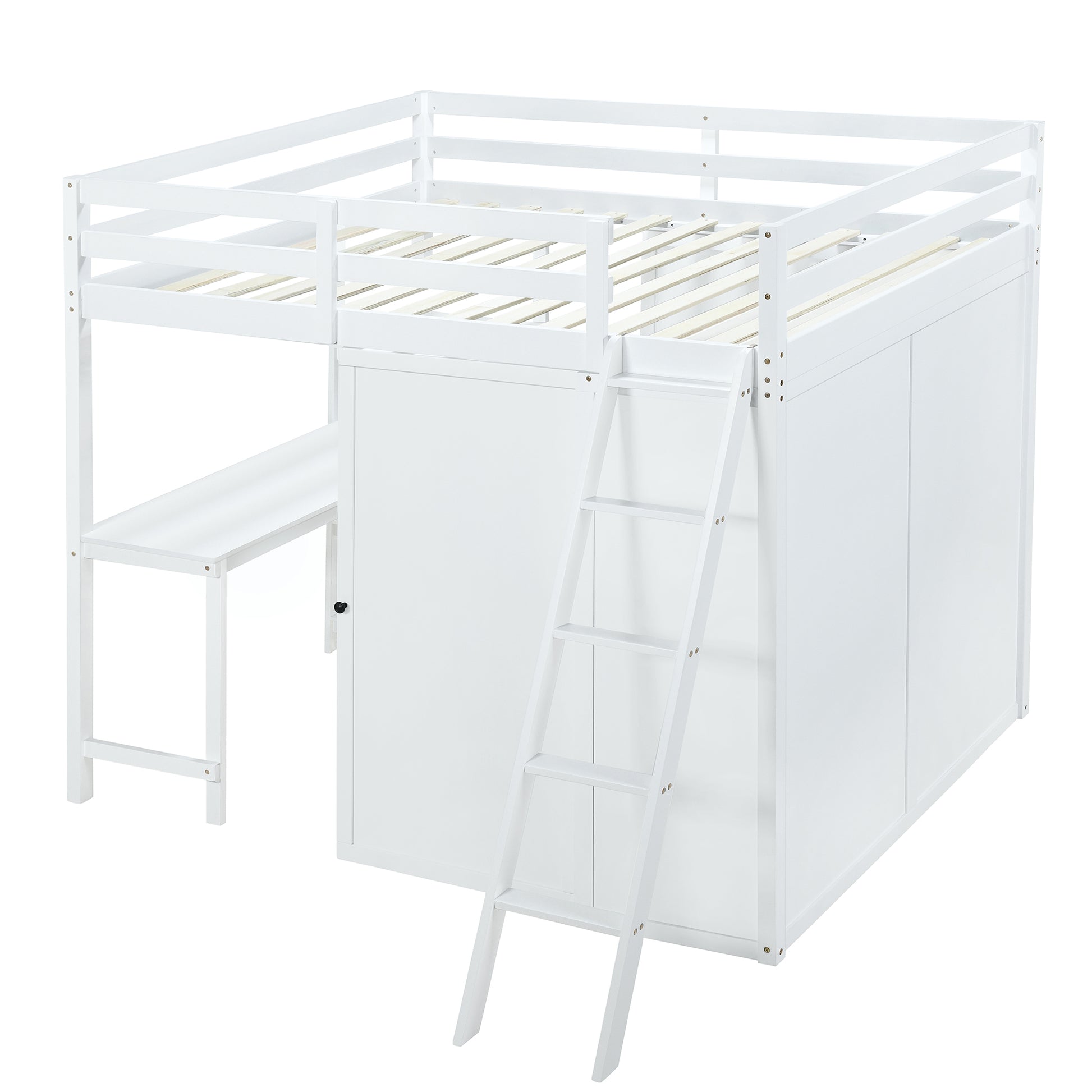 Full Size Loft Bed With Wardrobe And Desk And Shelves, White Full White Rubber Wood