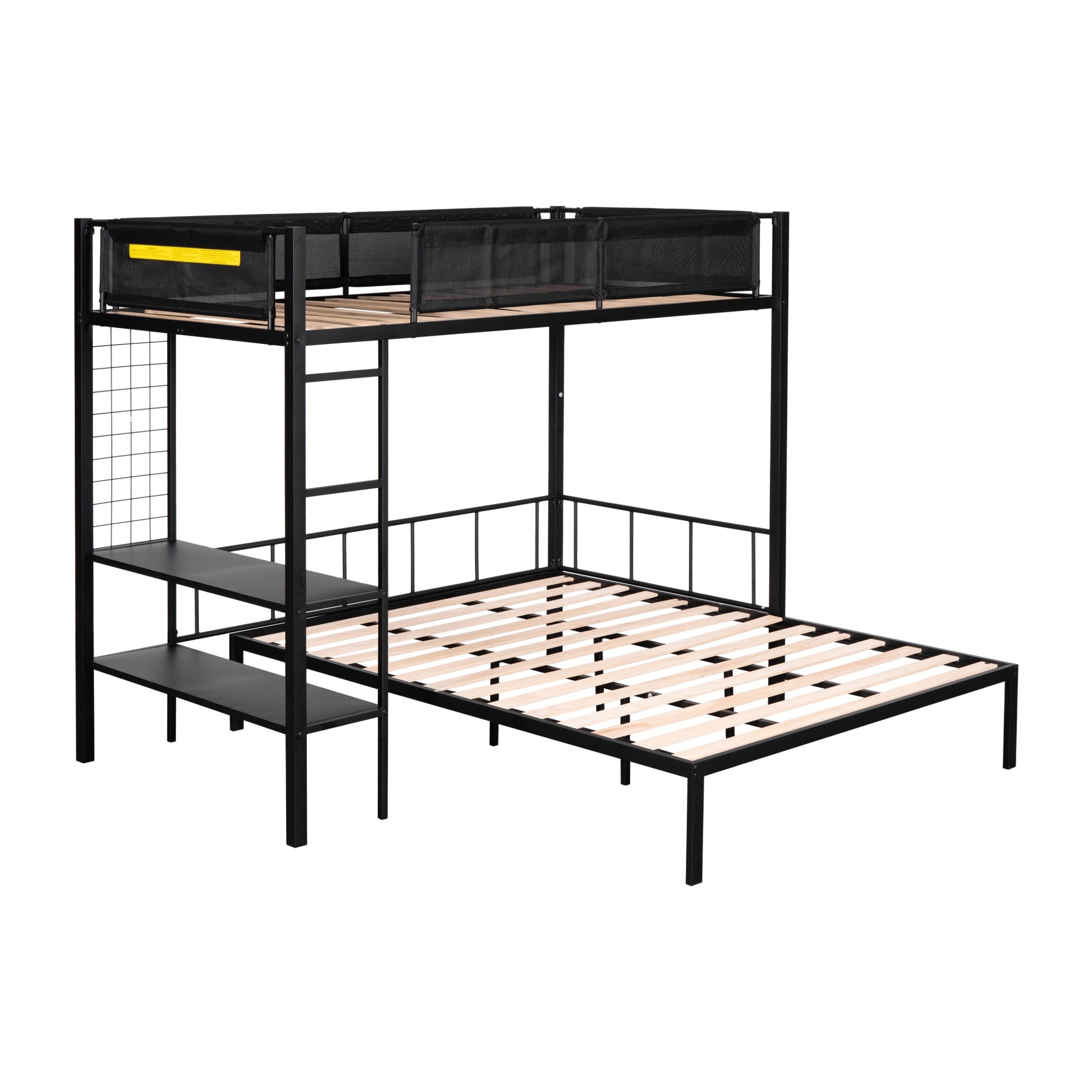 Metal Twin Over Full Bunk With Shelves & Grid Panel Sturdy Metal Bed Frame Noise Free Wood Slats Comfortable Textilene Guardrail Built In 2 Tier Shelves & Grid Panel Separated Full Size Bed Box Spring Not Required Black Metal Bedroom Bunk Steel