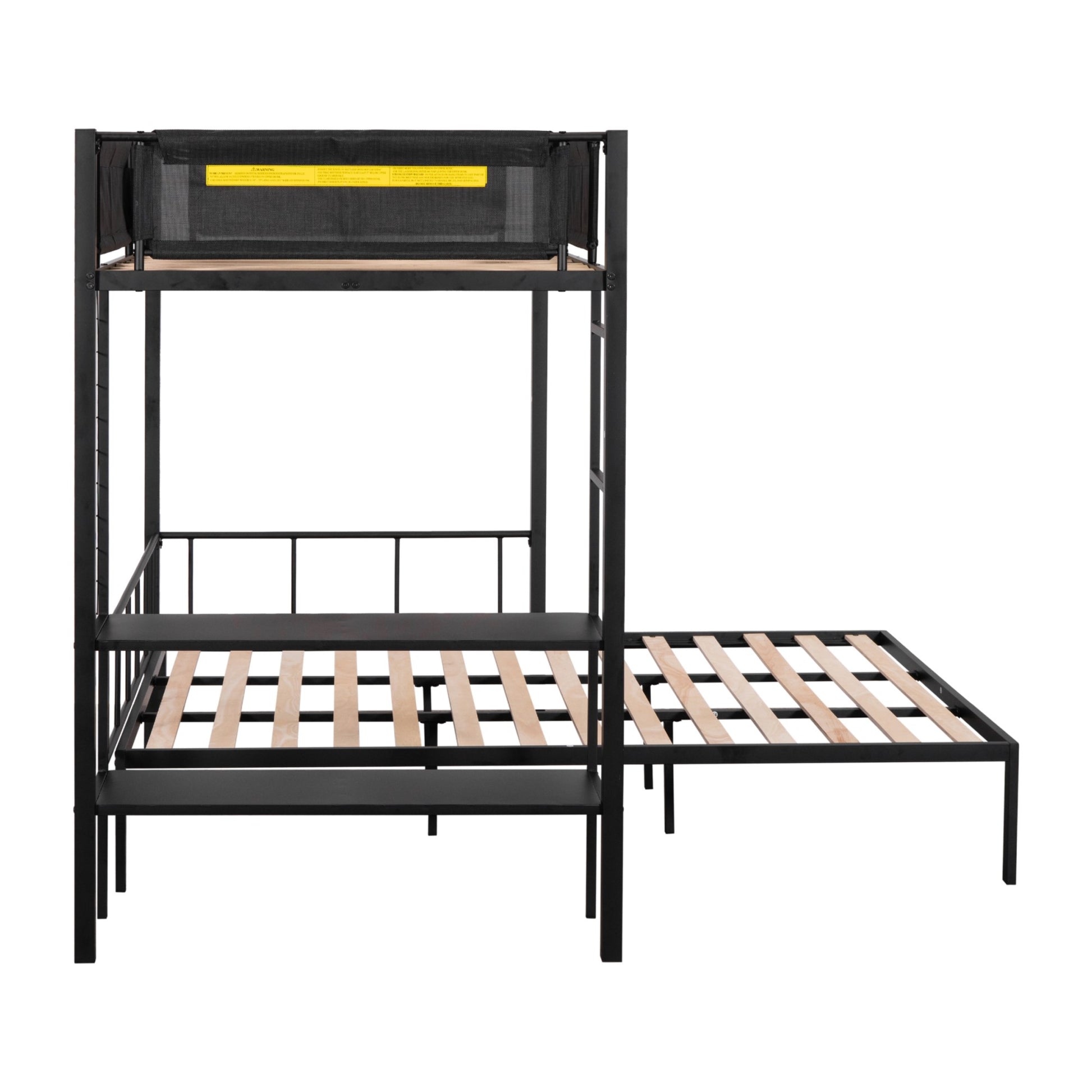 Metal Twin Over Full Bunk With Shelves & Grid Panel Sturdy Metal Bed Frame Noise Free Wood Slats Comfortable Textilene Guardrail Built In 2 Tier Shelves & Grid Panel Separated Full Size Bed Box Spring Not Required Black Metal Bedroom Bunk Steel