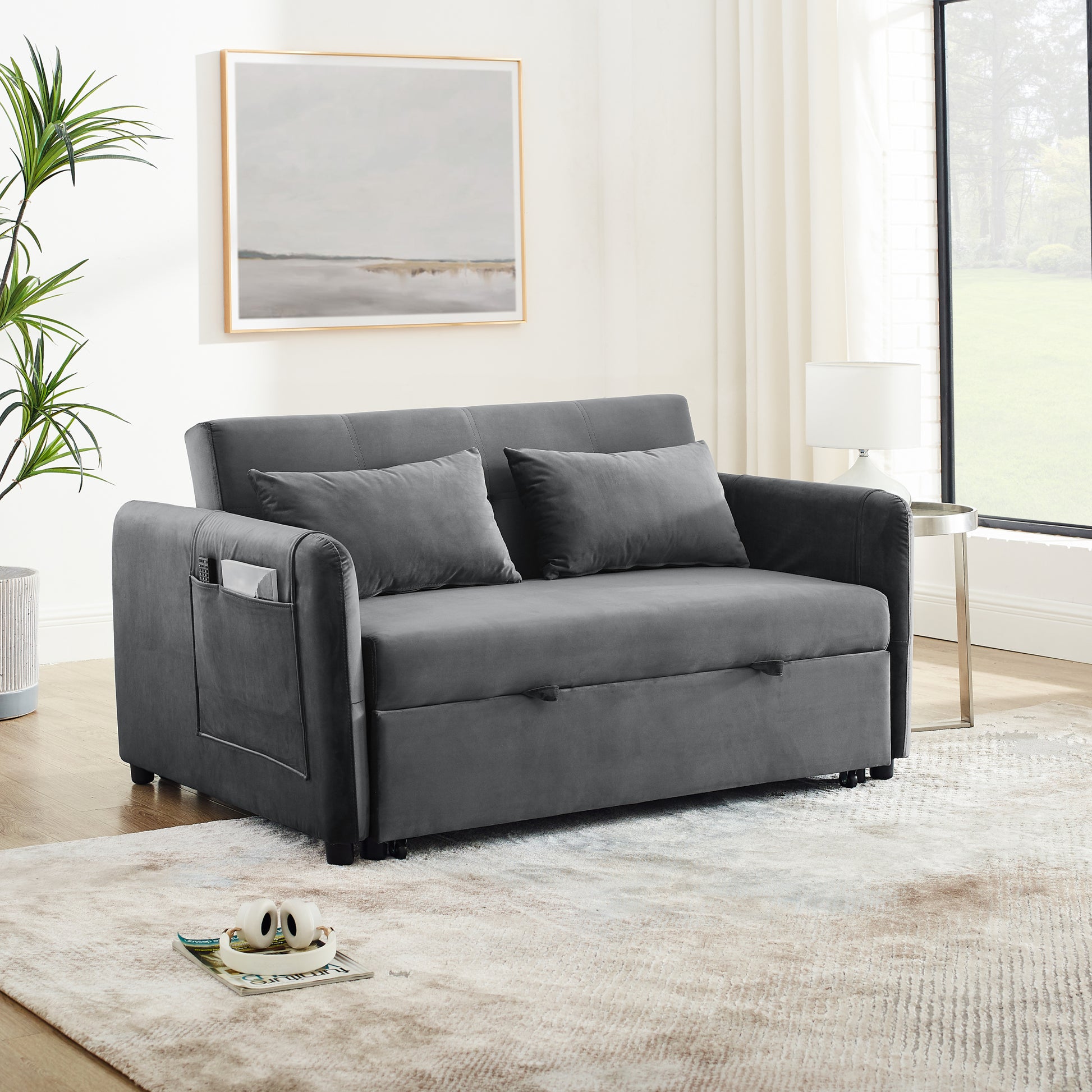 Convertible Sofa Bed, 3 In 1 Versatile Velvet Double Sofa With Pullout Bed, Seat With Adjustable Backrest, Lumbar Pillows, And Living Room Side Pockets, 54 Inch, Grey Brown Wood Primary Living Space Delicate Duty Eucalyptus 2 Seat Grey Velvet Soft Pillow