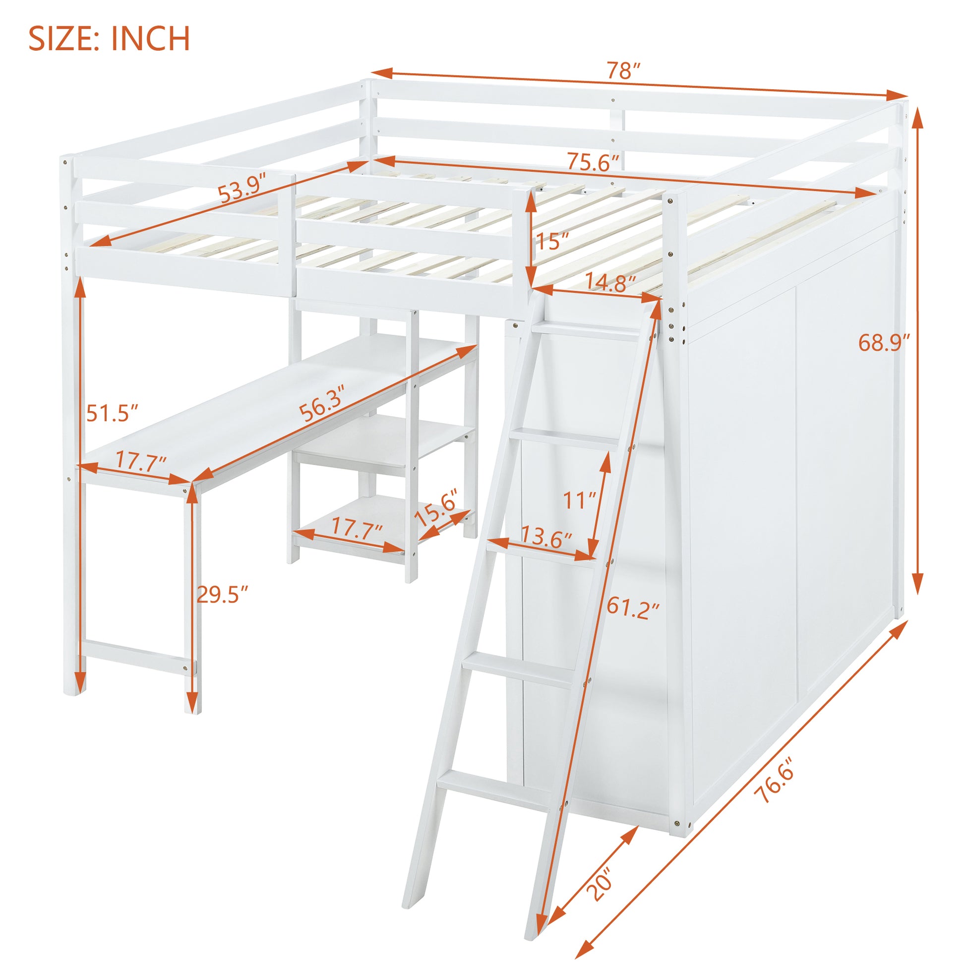 Full Size Loft Bed With Wardrobe And Desk And Shelves, White Full White Rubber Wood