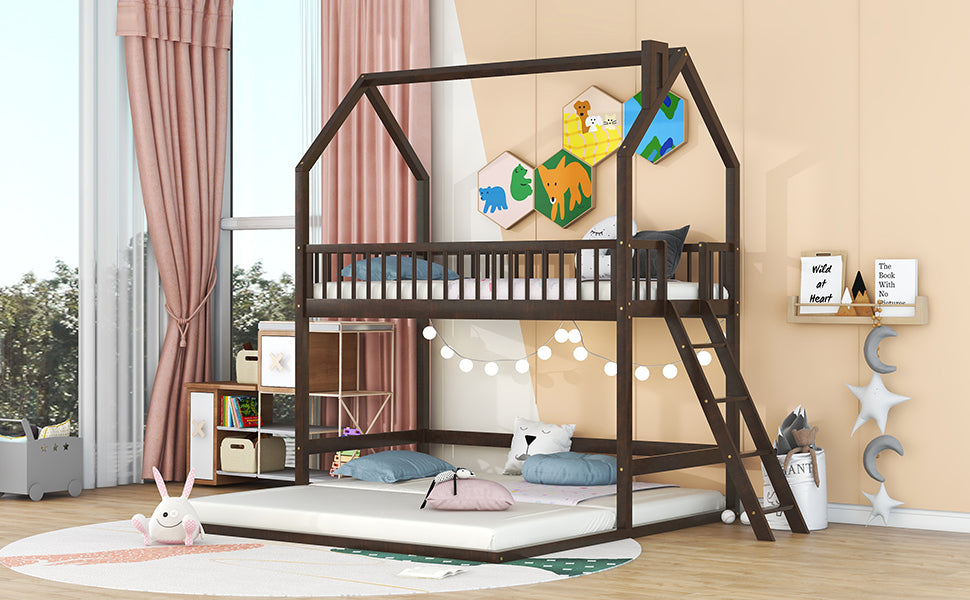 Twin Over Twin Twin House Bunk Bed With Extending Trundle And Ladder Espresso Plywood