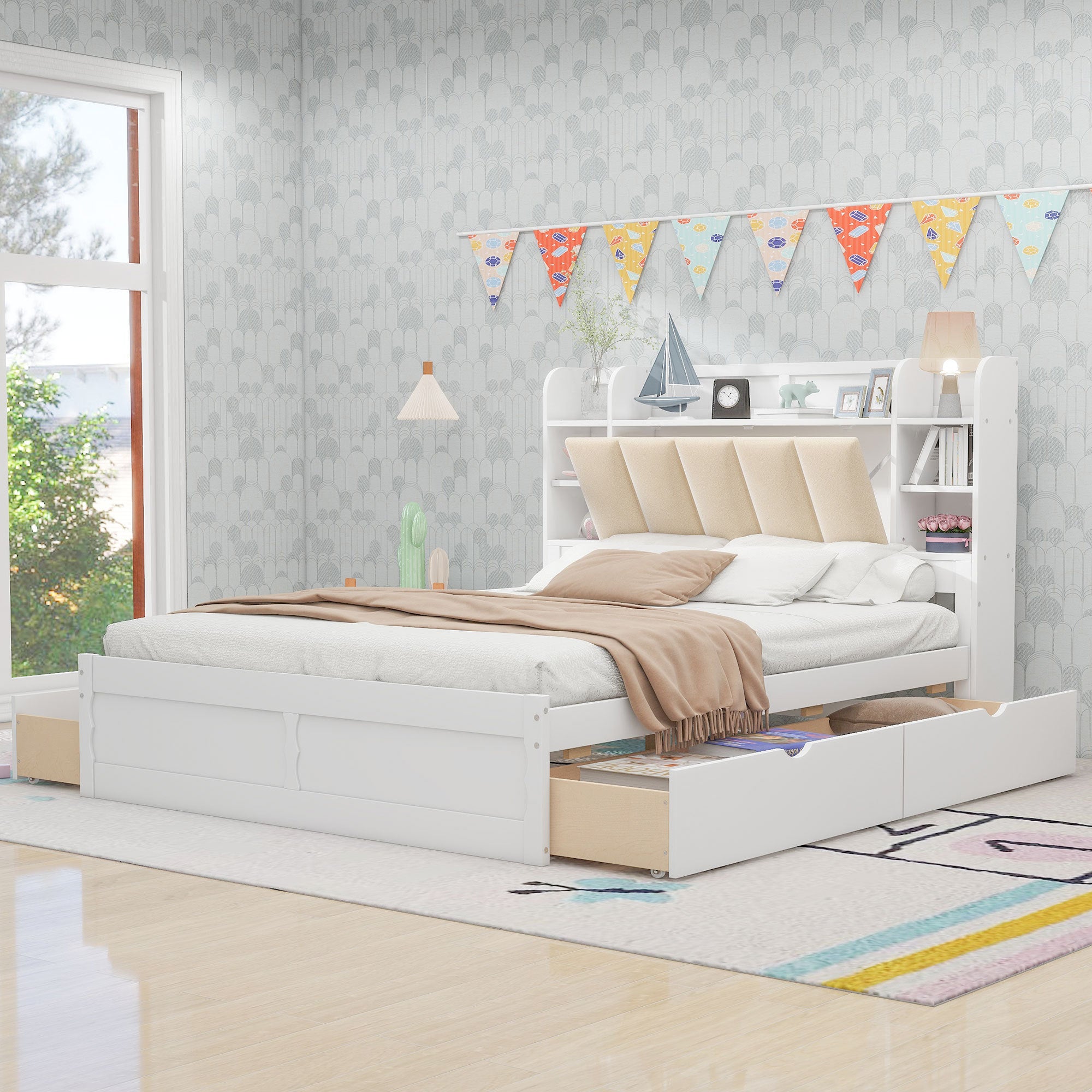 Wood Queen Size Platform Bed With Storage Headboard, Shelves And 4 Drawers, White Box Spring Not Required Queen White Wood Bedroom Bed Frame Solid Wood Mdf