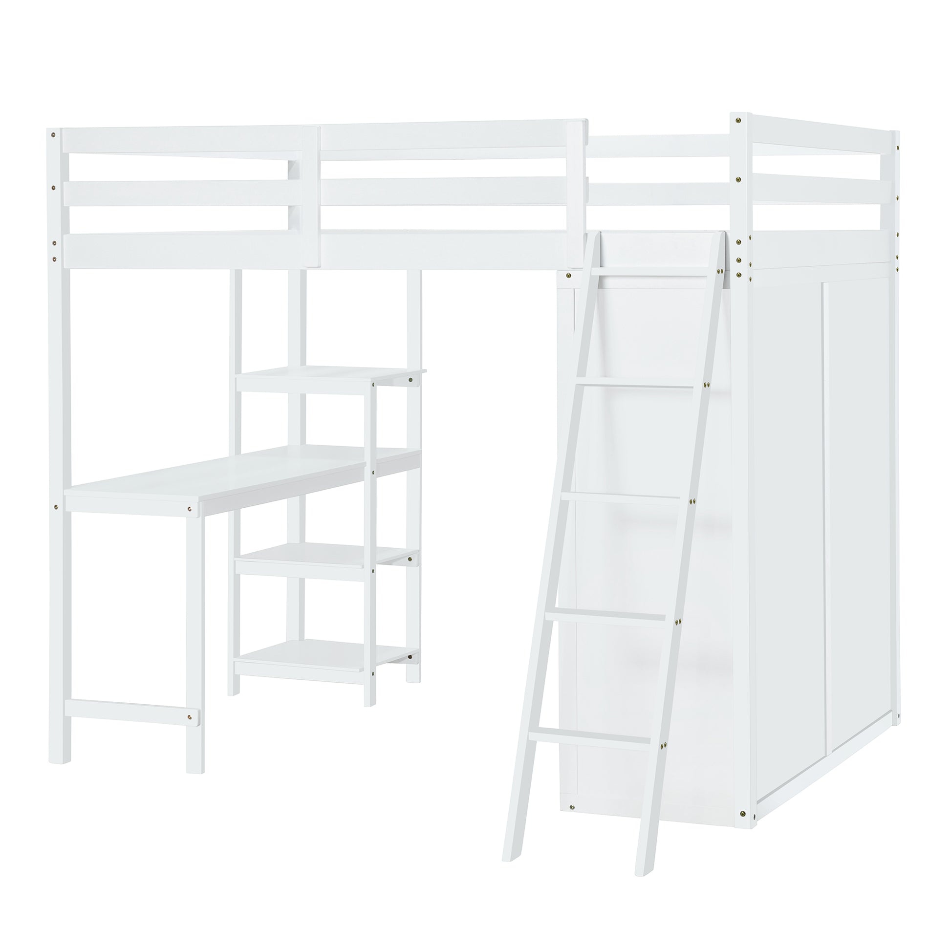 Full Size Loft Bed With Wardrobe And Desk And Shelves, White Full White Rubber Wood