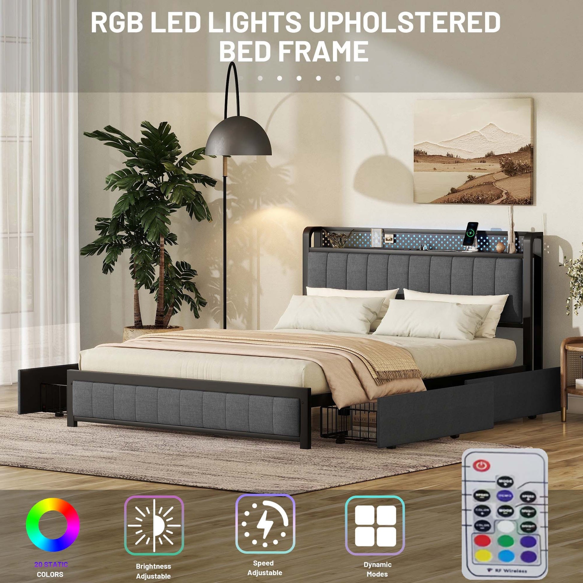 Queen Bed Frame With Led Headboard, Upholstered Bed With 4 Storage Drawers And Usb Ports, Dark Grey Queen Dark Gray Linen