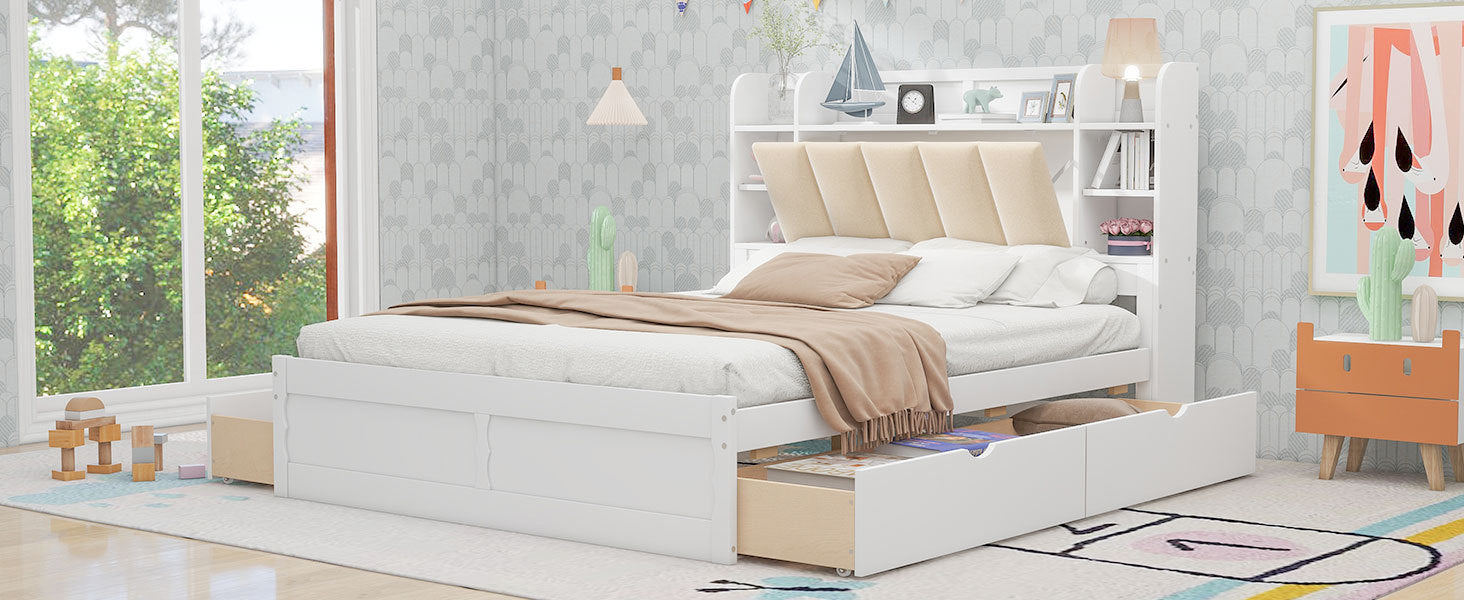 Wood Queen Size Platform Bed With Storage Headboard, Shelves And 4 Drawers, White Box Spring Not Required Queen White Wood Bedroom Bed Frame Solid Wood Mdf