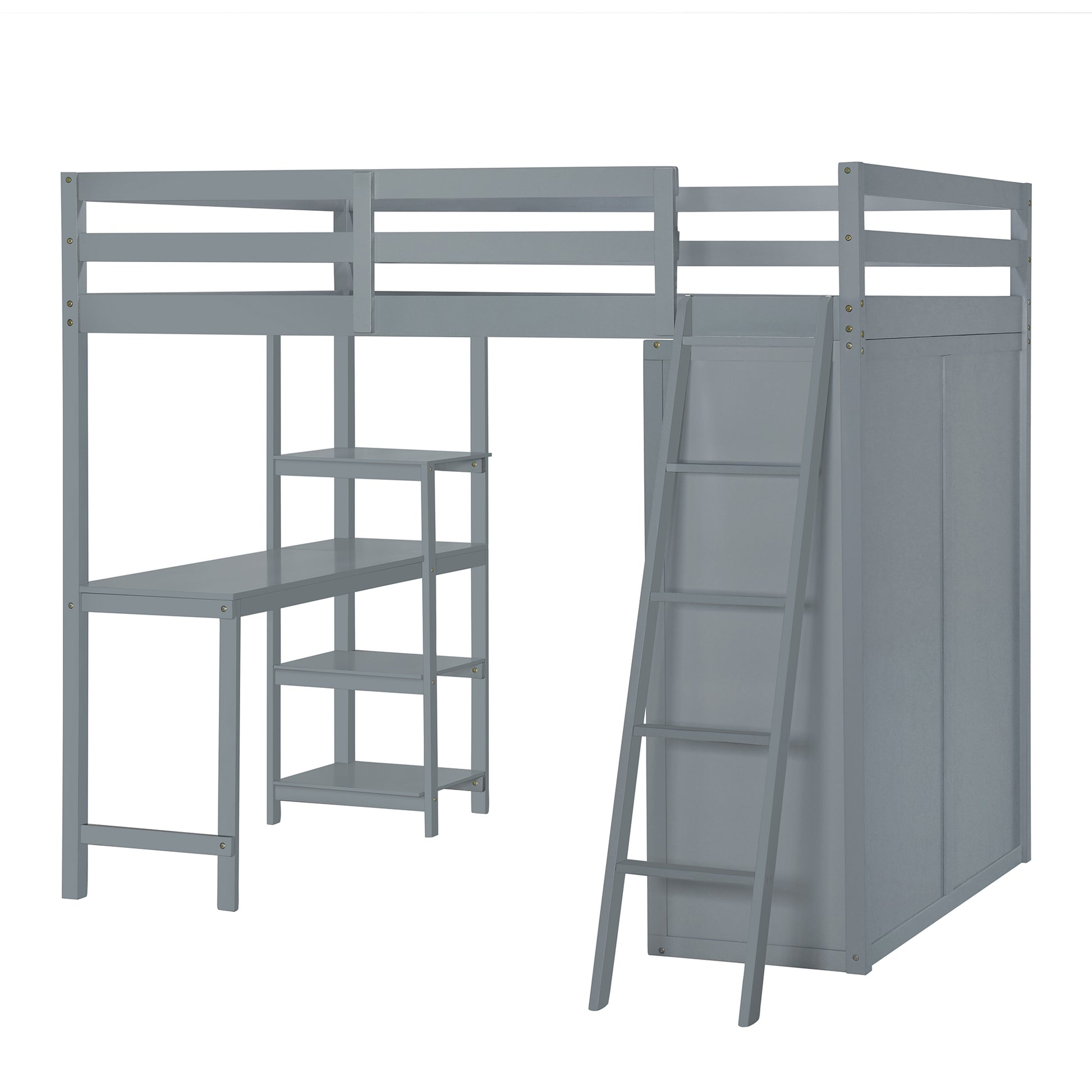 Full Size Loft Bed With Wardrobe And Desk And Shelves, Gray Full Gray Rubber Wood