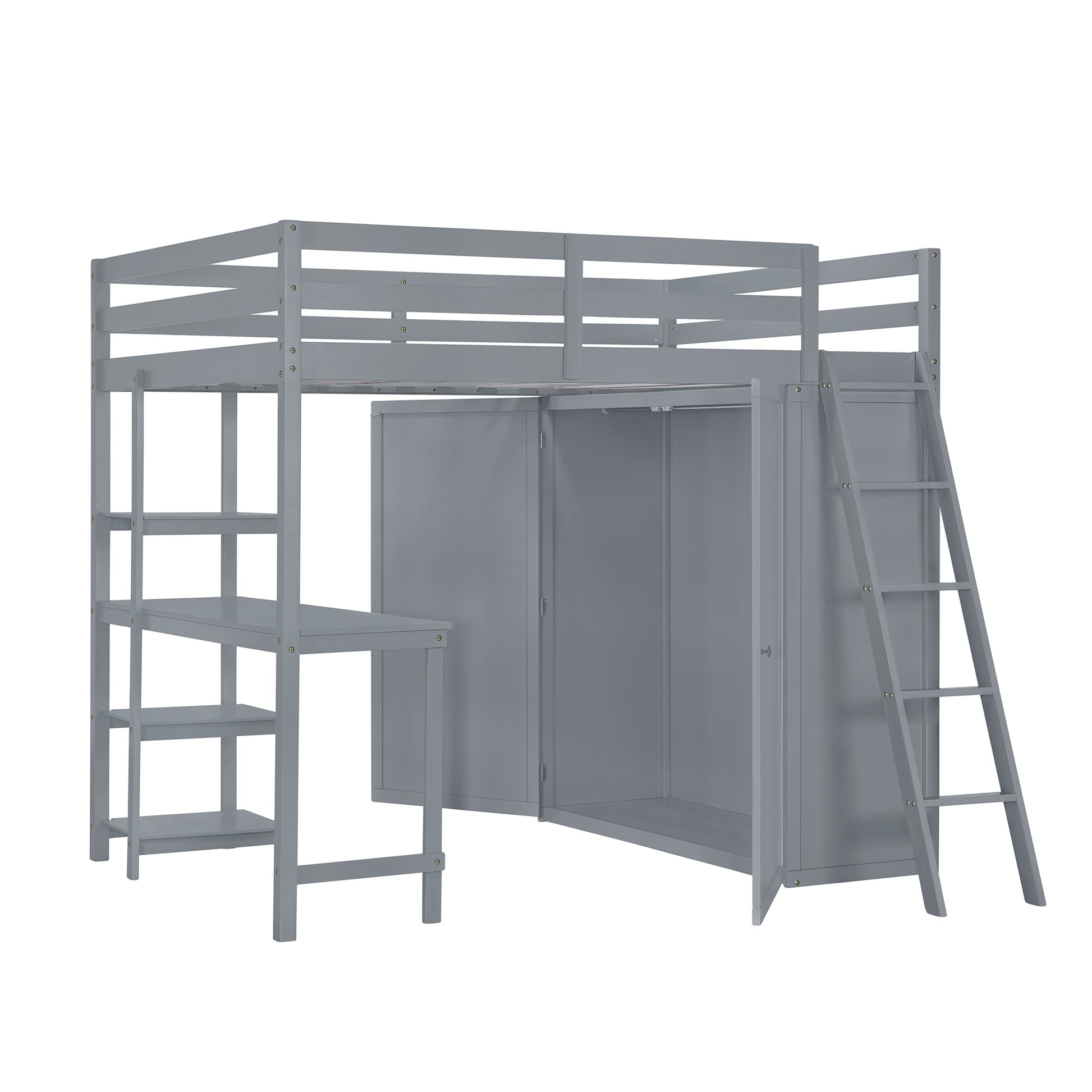 Full Size Loft Bed With Wardrobe And Desk And Shelves, Gray Full Gray Rubber Wood