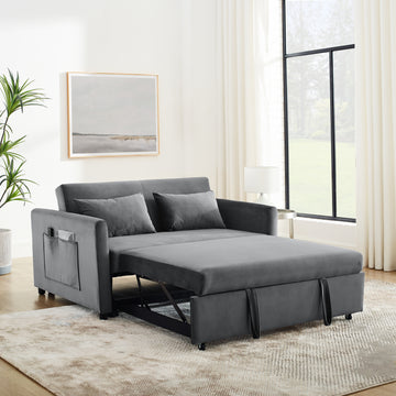 Convertible Sofa Bed, 3 In 1 Versatile Velvet Double Sofa With Pullout Bed, Seat With Adjustable Backrest, Lumbar Pillows, And Living Room Side Pockets, 54 Inch, Grey Light Brown Wood Primary Living Space Delicate Duty Eucalyptus 2 Seat Grey Velvet Soft