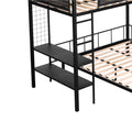 Metal Twin Over Full Bunk With Shelves & Grid Panel Sturdy Metal Bed Frame Noise Free Wood Slats Comfortable Textilene Guardrail Built In 2 Tier Shelves & Grid Panel Separated Full Size Bed Box Spring Not Required Black Metal Bedroom Bunk Steel