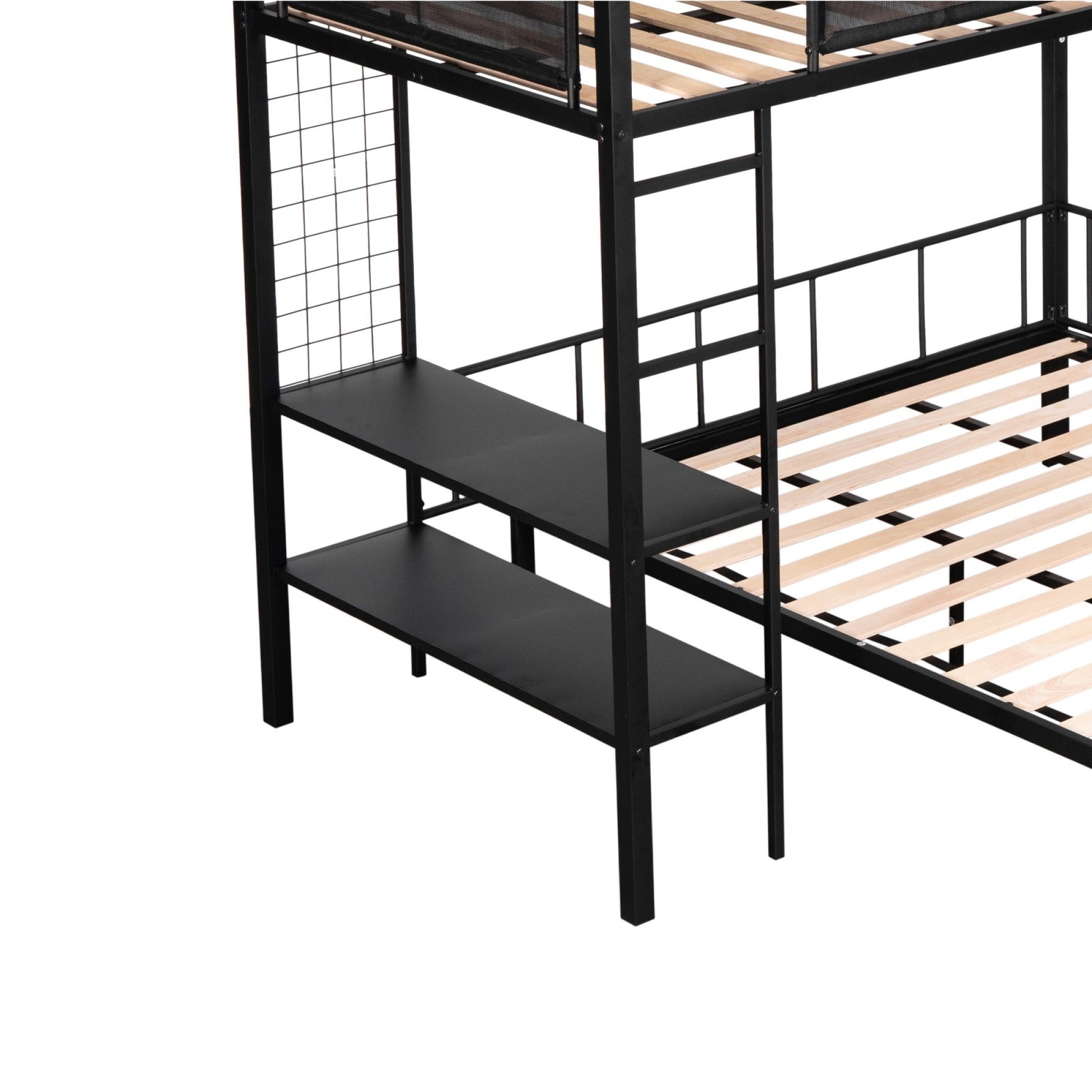 Metal Twin Over Full Bunk With Shelves & Grid Panel Sturdy Metal Bed Frame Noise Free Wood Slats Comfortable Textilene Guardrail Built In 2 Tier Shelves & Grid Panel Separated Full Size Bed Box Spring Not Required Black Metal Bedroom Bunk Steel