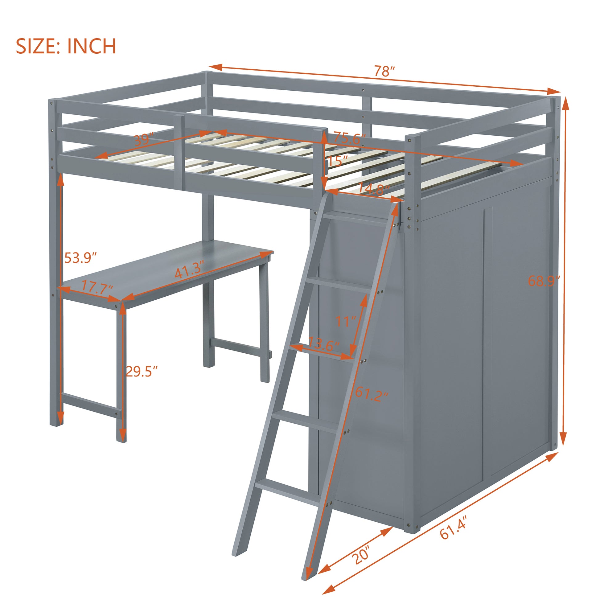 Twin Size Loft Bed With Wardrobe And Desk, Gray Twin Gray Rubber Wood