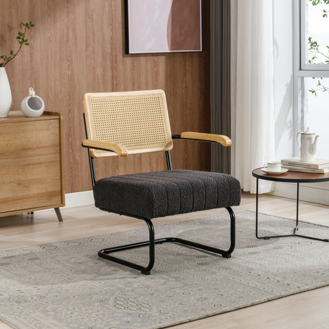 Coolmore Accent Chair Modern Industrial Slant Armchair With Metal Frame Premium High Density Soft Single Chair For Living Room Bedroom Carbon Black Boucle