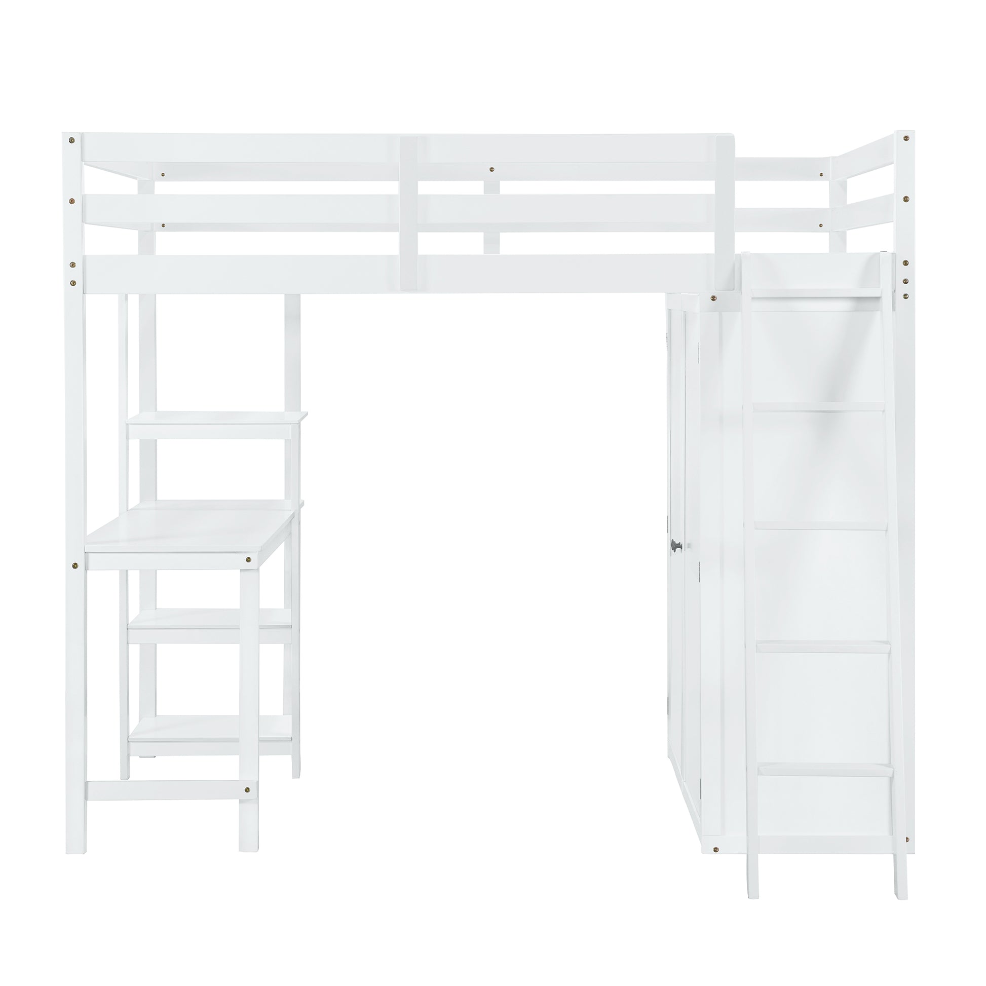 Full Size Loft Bed With Wardrobe And Desk And Shelves, White Full White Rubber Wood