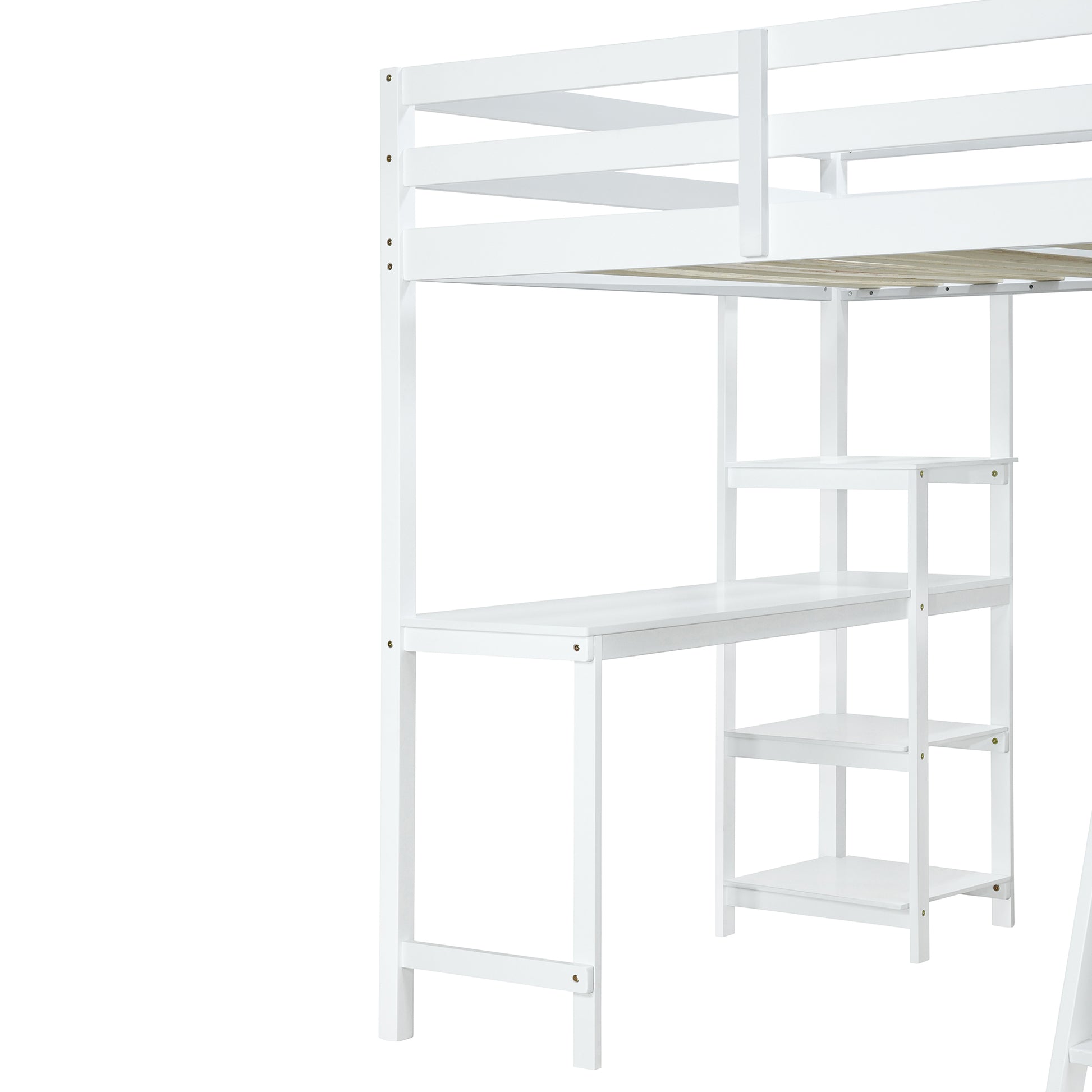 Full Size Loft Bed With Wardrobe And Desk And Shelves, White Full White Rubber Wood