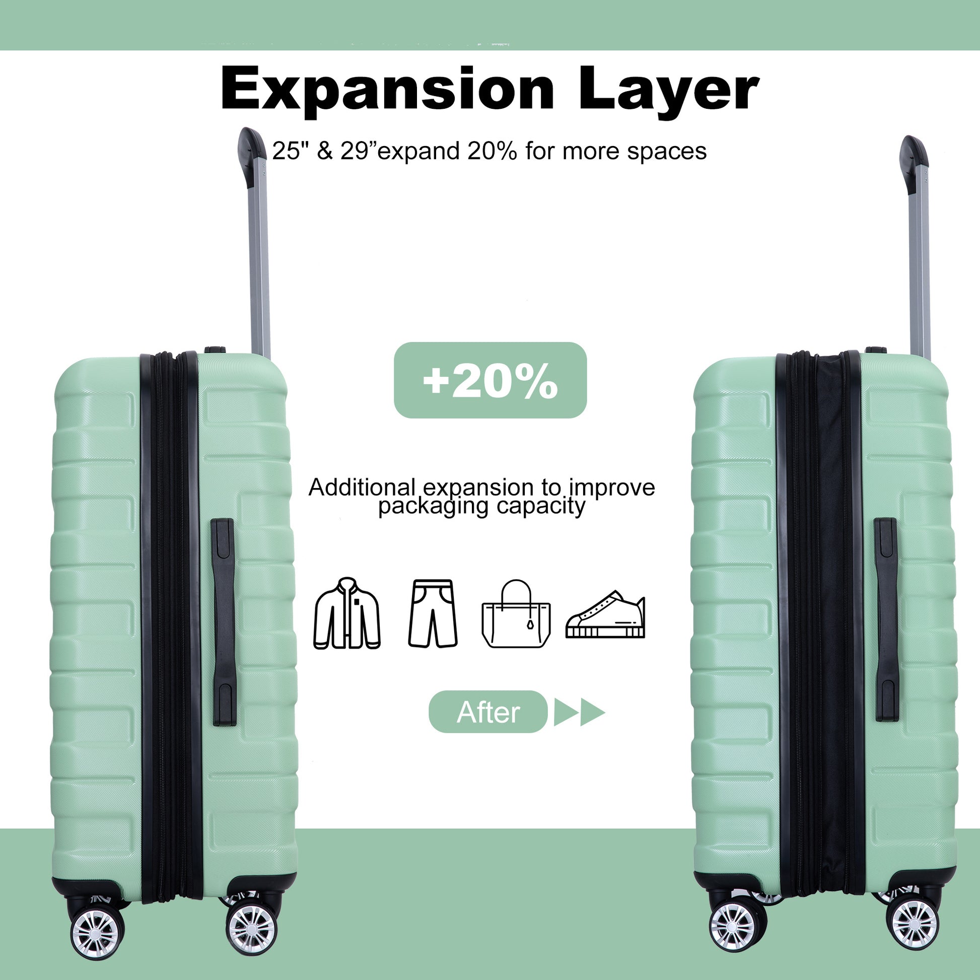 3 Piece Luggage Sets Pc Lightweight & Durable Expandable Suitcase With Two Hooks, Double Spinner Wheels, Tsa Lock, 21 25 29 Light Green Light Green Pc