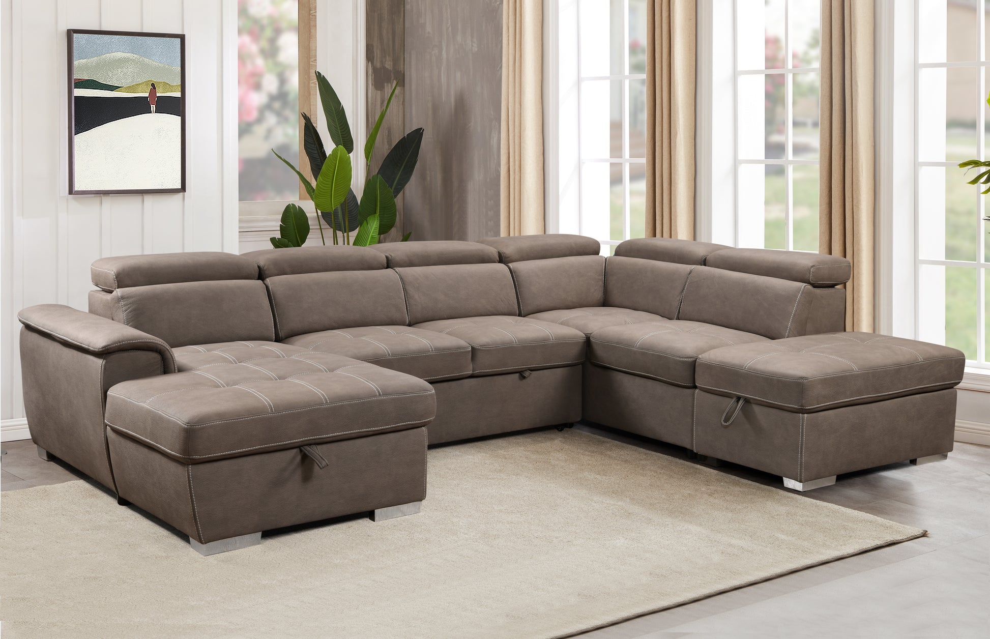 128"Sofa U Shaped Sectional Couch With Ottomans Reversible Modular Sofa 7 Seater Couch With Storage Seat,Living Room Furniture Sofa Sets With Adjustable Headrest, Brown Brown Microfiber Wood Primary Living Space Soft Modern Foam Upholstered 7 Seat