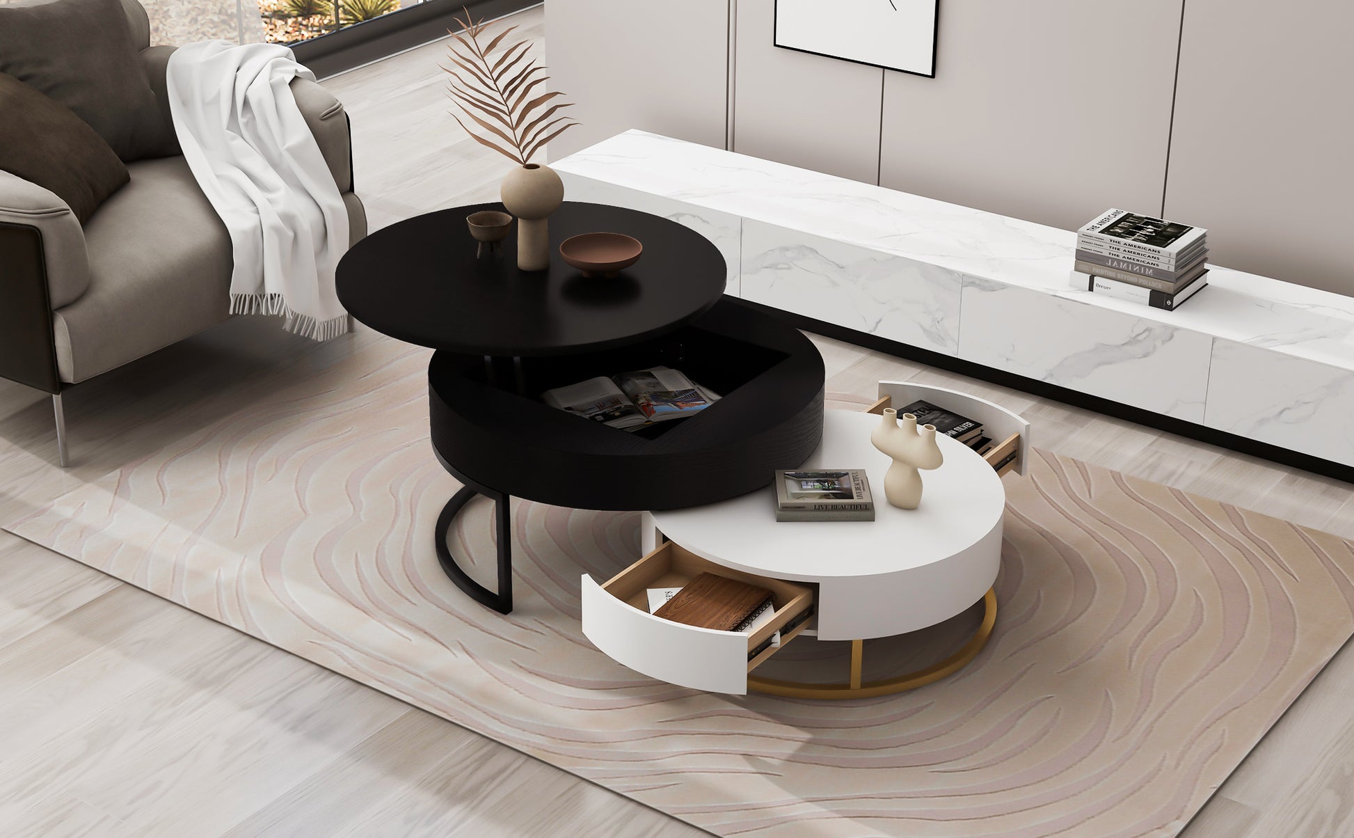 Modern Round Lift Top Nesting Coffee Tables With 2 Drawers White & Black White Black Mdf