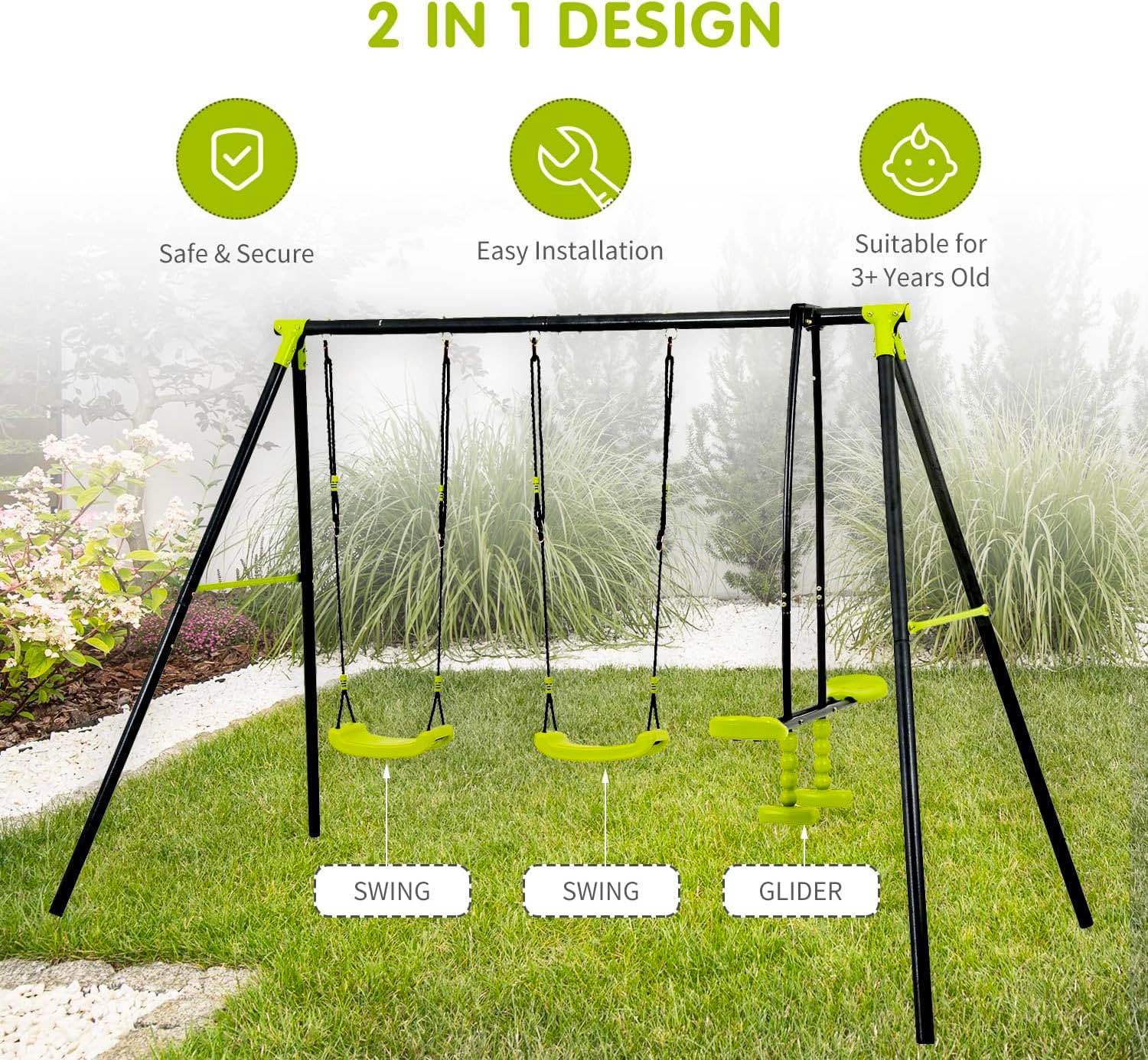 Xns008 Interesting Triple Children Metal Safe Swing Set 440Lbs For Outdoor Playground Three Seat Swing Black And Green For Age 3 Green Steel