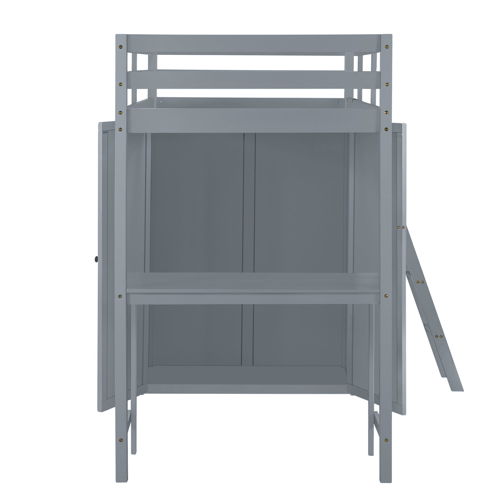 Twin Size Loft Bed With Wardrobe And Desk, Gray Twin Gray Rubber Wood