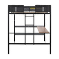 Metal Full Size Loft Bed With Desk & Shelves Sturdy Metal Bed Frame Noise Free Wood Slats Comfortable Textilene Guardrail Built In Desk, 2 Tier Shelves & Grid Panel 2 Side Ladders Black Steel