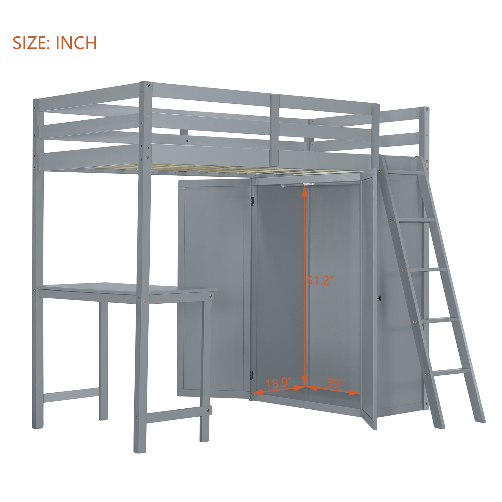 Twin Size Loft Bed With Wardrobe And Desk, Gray Twin Gray Rubber Wood