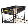 Metal Twin Over Full Bunk With Shelves & Grid Panel Sturdy Metal Bed Frame Noise Free Wood Slats Comfortable Textilene Guardrail Built In 2 Tier Shelves & Grid Panel Separated Full Size Bed Box Spring Not Required Black Metal Bedroom Bunk Steel