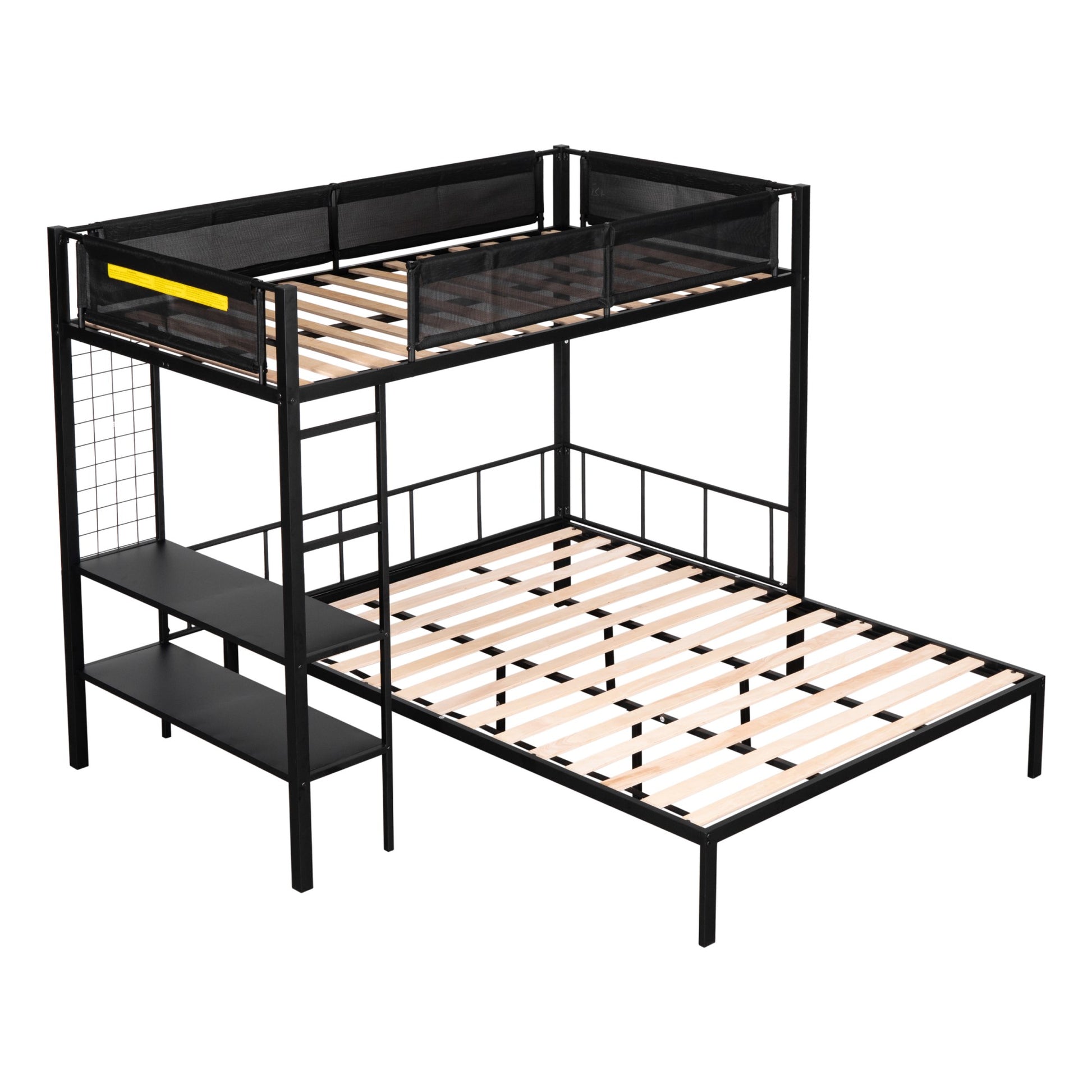 Metal Twin Over Full Bunk With Shelves & Grid Panel Sturdy Metal Bed Frame Noise Free Wood Slats Comfortable Textilene Guardrail Built In 2 Tier Shelves & Grid Panel Separated Full Size Bed Box Spring Not Required Black Metal Bedroom Bunk Steel