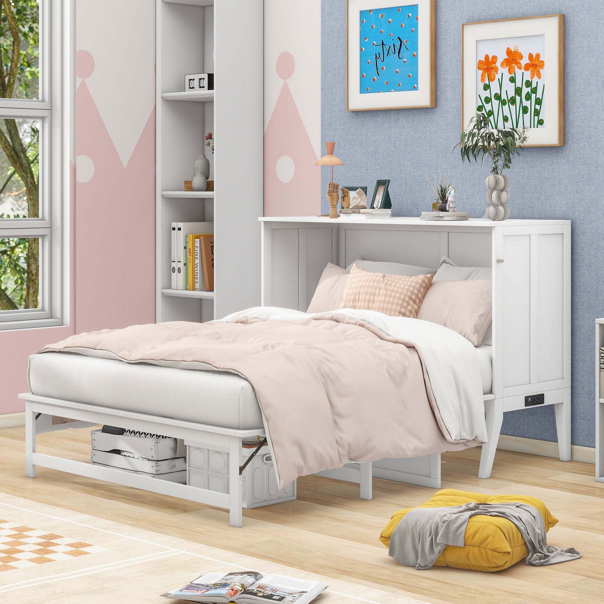 Queen Size Murphy Bed With Built In Charging Station And A Shelf, White White Solid Wood Mdf