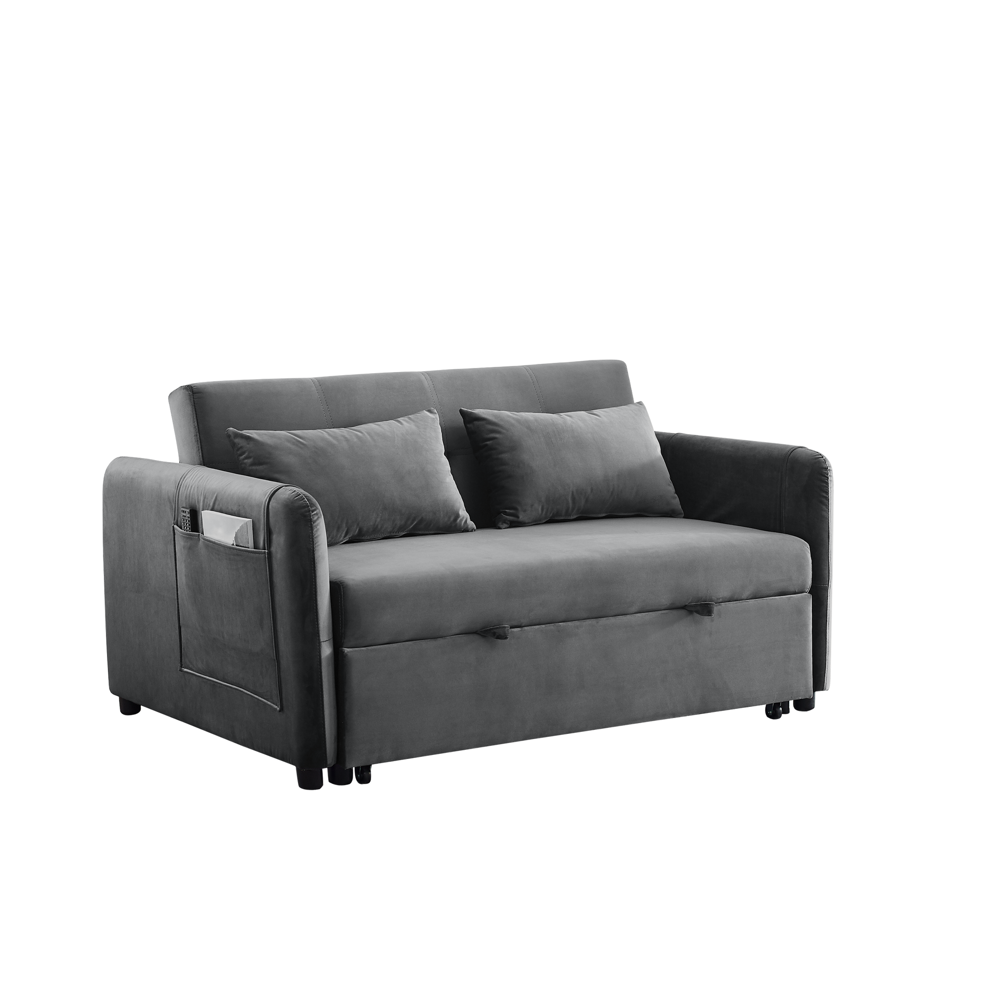 Convertible Sofa Bed, 3 In 1 Versatile Velvet Double Sofa With Pullout Bed, Seat With Adjustable Backrest, Lumbar Pillows, And Living Room Side Pockets, 54 Inch, Grey Brown Wood Primary Living Space Delicate Duty Eucalyptus 2 Seat Grey Velvet Soft Pillow