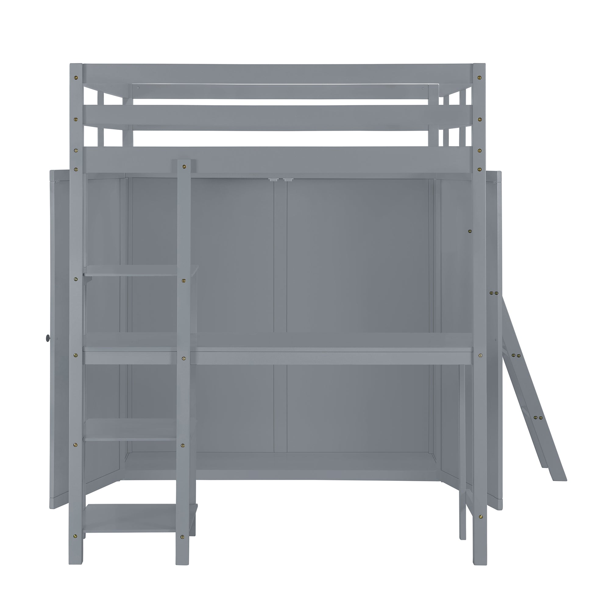 Full Size Loft Bed With Wardrobe And Desk And Shelves, Gray Full Gray Rubber Wood