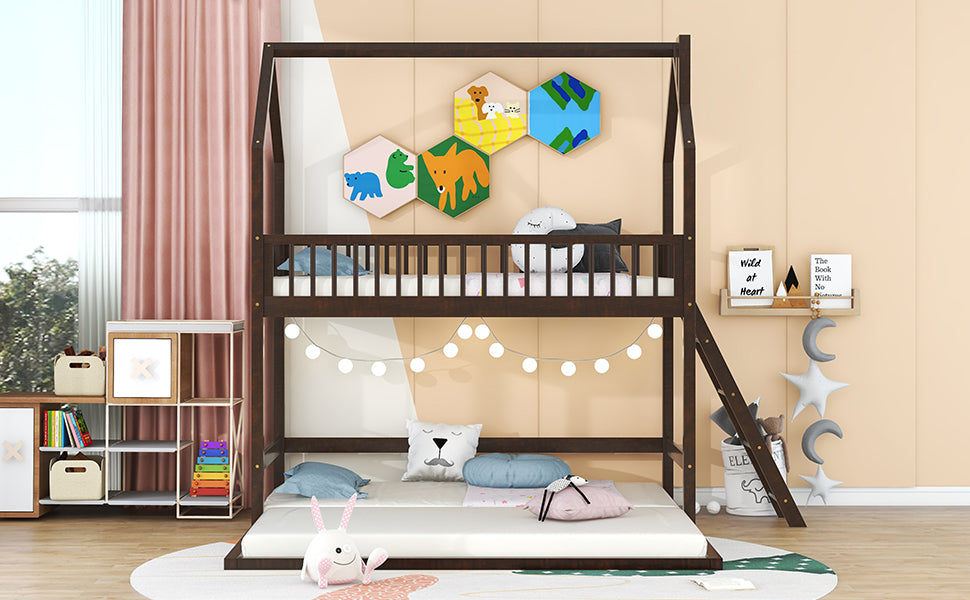 Twin Over Twin Twin House Bunk Bed With Extending Trundle And Ladder Espresso Plywood