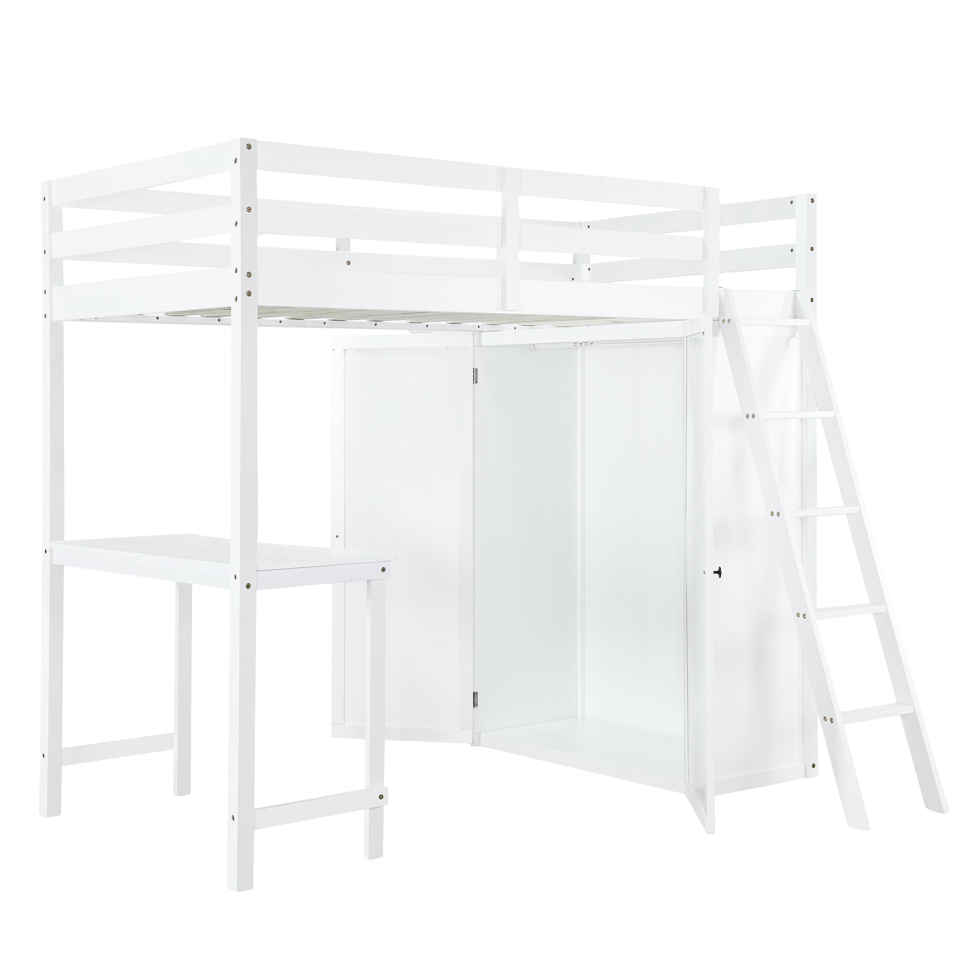 Twin Size Loft Bed With Wardrobe And Desk, White Twin White Rubber Wood