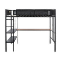 Metal Full Size Loft Bed With Desk & Shelves Sturdy Metal Bed Frame Noise Free Wood Slats Comfortable Textilene Guardrail Built In Desk, 2 Tier Shelves & Grid Panel 2 Side Ladders Black Steel