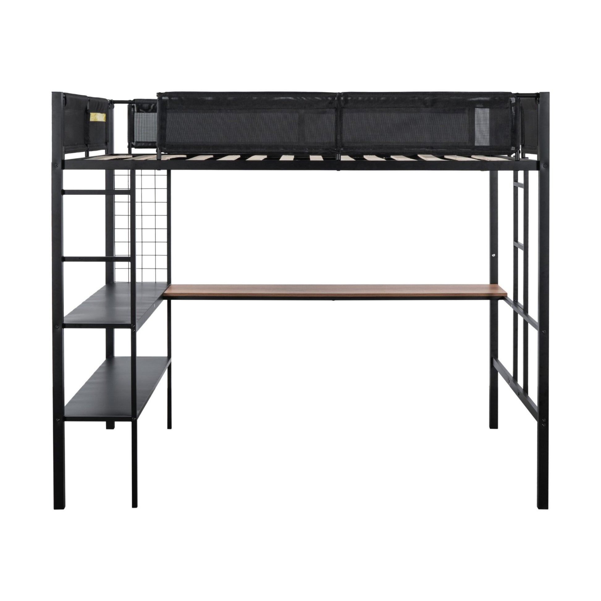 Metal Full Size Loft Bed With Desk & Shelves Sturdy Metal Bed Frame Noise Free Wood Slats Comfortable Textilene Guardrail Built In Desk, 2 Tier Shelves & Grid Panel 2 Side Ladders Black Steel