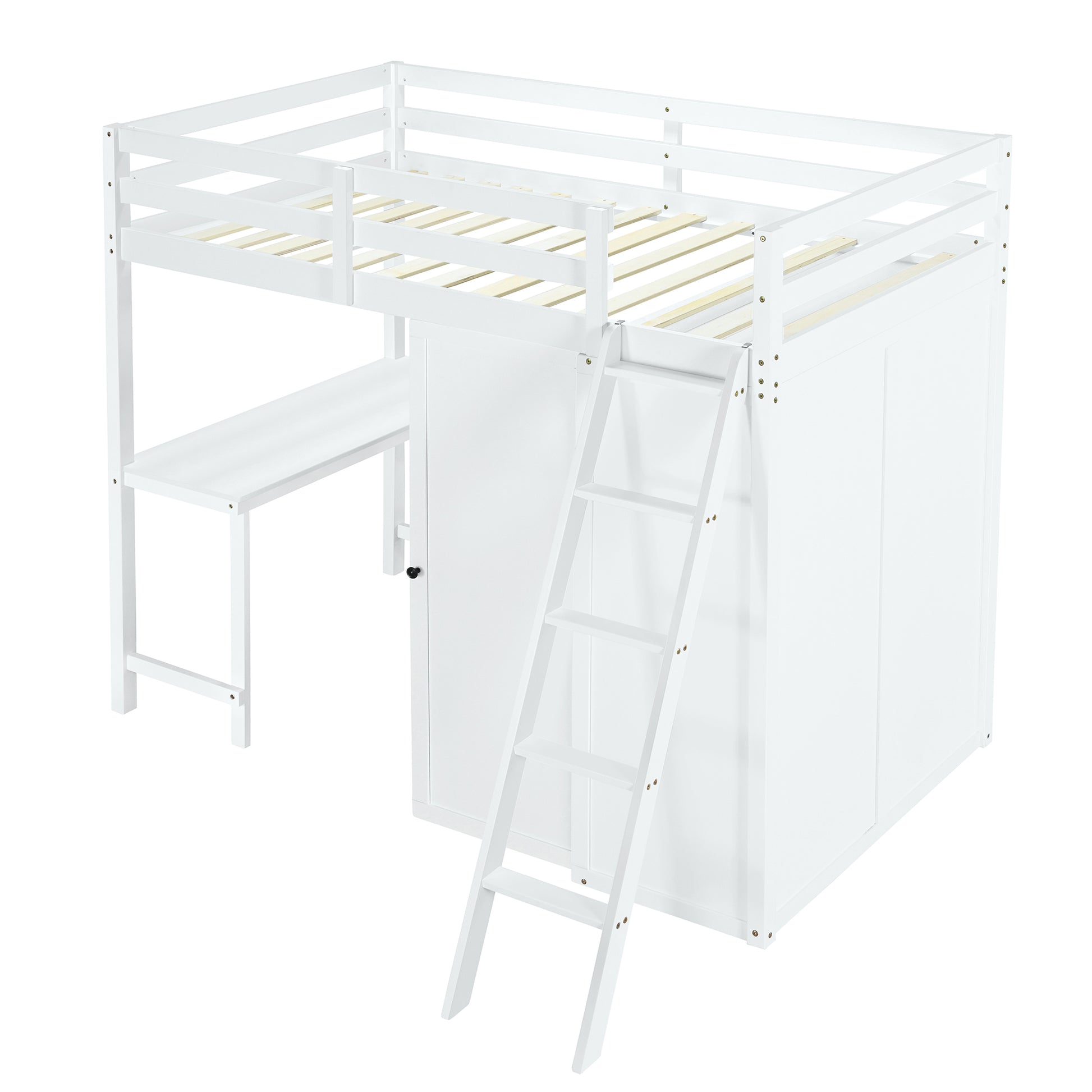 Twin Size Loft Bed With Wardrobe And Desk, White Twin White Rubber Wood