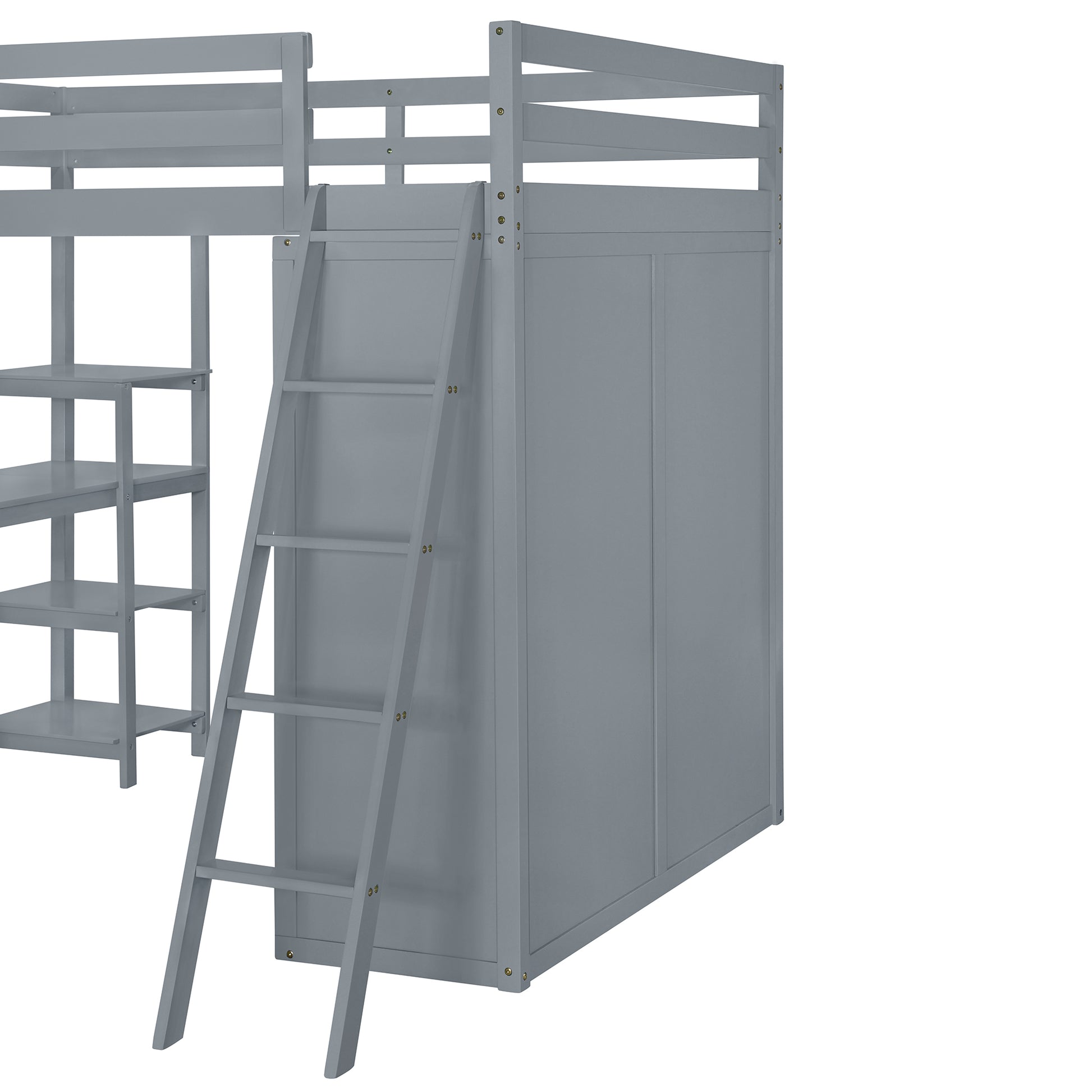 Full Size Loft Bed With Wardrobe And Desk And Shelves, Gray Full Gray Rubber Wood