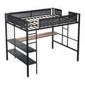 Metal Full Size Loft Bed With Desk & Shelves Sturdy Metal Bed Frame Noise Free Wood Slats Comfortable Textilene Guardrail Built In Desk, 2 Tier Shelves & Grid Panel 2 Side Ladders Black Steel